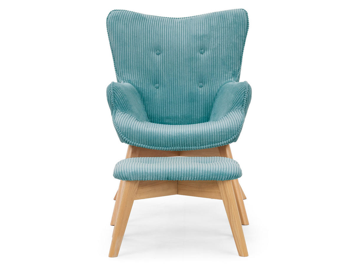 LOUNGESESSEL mit Fußhocker Lenari Türkis Cordstoff mit Füßen in Natur - Türkis/Naturfarben, Holz/Textil (71/96/86cm) - S-Style Möbel