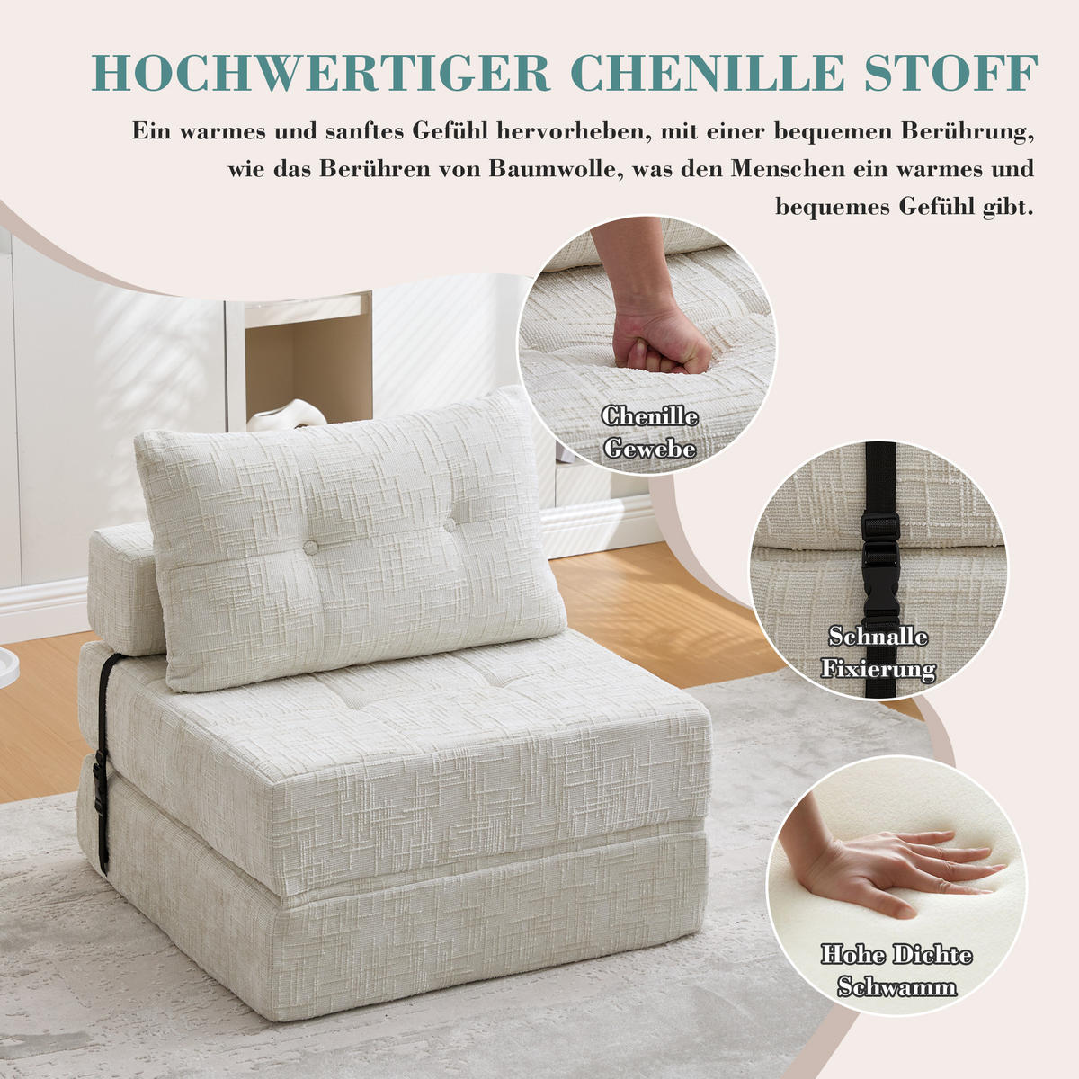 STOFFSOFA Beige Kissen, klappbar 79 x 180 cm - Beige, Textil (79/57/79cm) - PARAFTA HOME