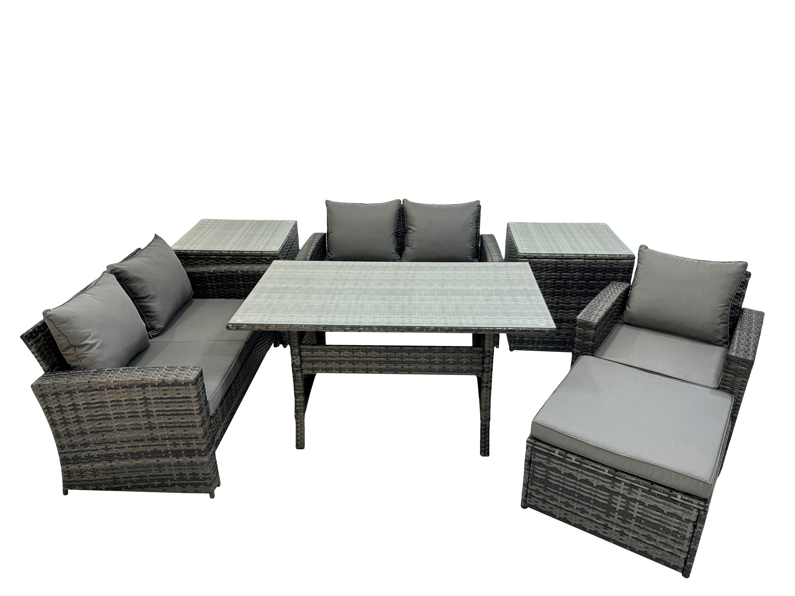 GARTENMÖBELSET mit 2-Sitzer Sofa,2 Hockern,Esstisch,2 Beistelltischen Polyrattan Dunkelgrau 6-Sitzer - Dunkelgrau/Grau, Glas/Kunststoff - Fimous