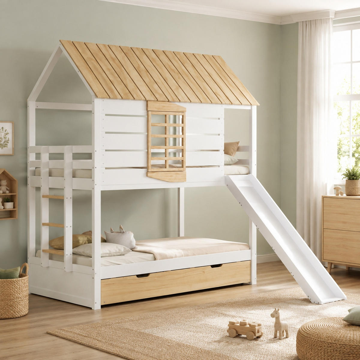 ETAGENBETT 90/200 mit Rutsche und Ausziehbett,Weiß+Natur - Weiß/Naturfarben, Holzwerkstoff (90/200cm) - EVRYAE