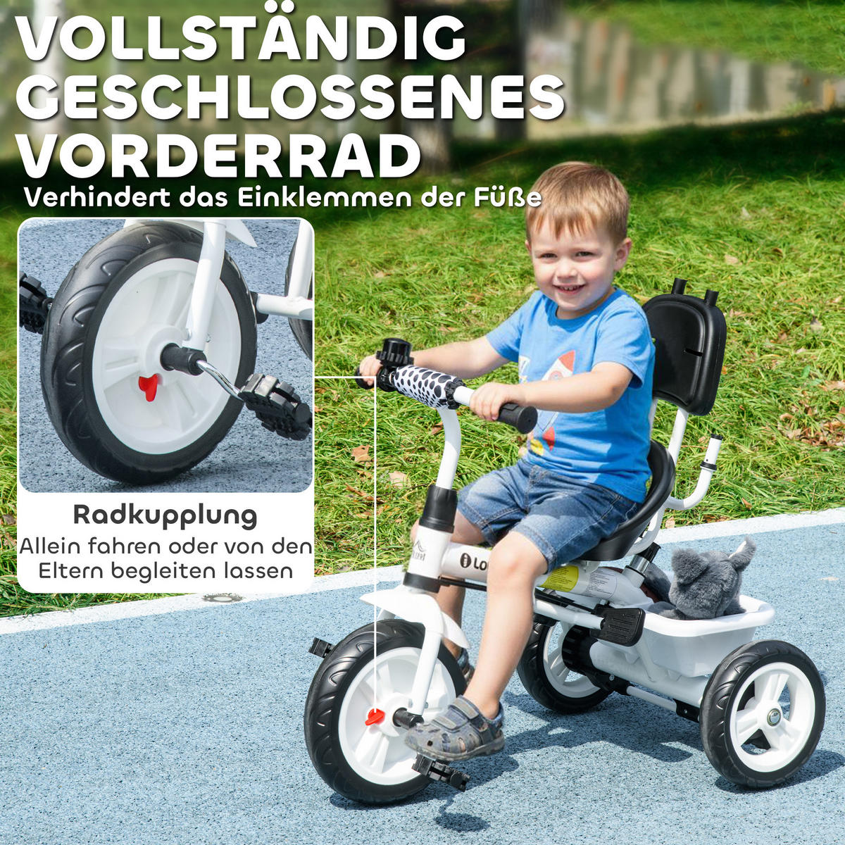 6-IN-1 Dreirad mit Schubstange, Kinderdreirad mit abnehmbarem Sonnendach Weiß - Weiß, Metall (105/47/98cm) - HOMCOM