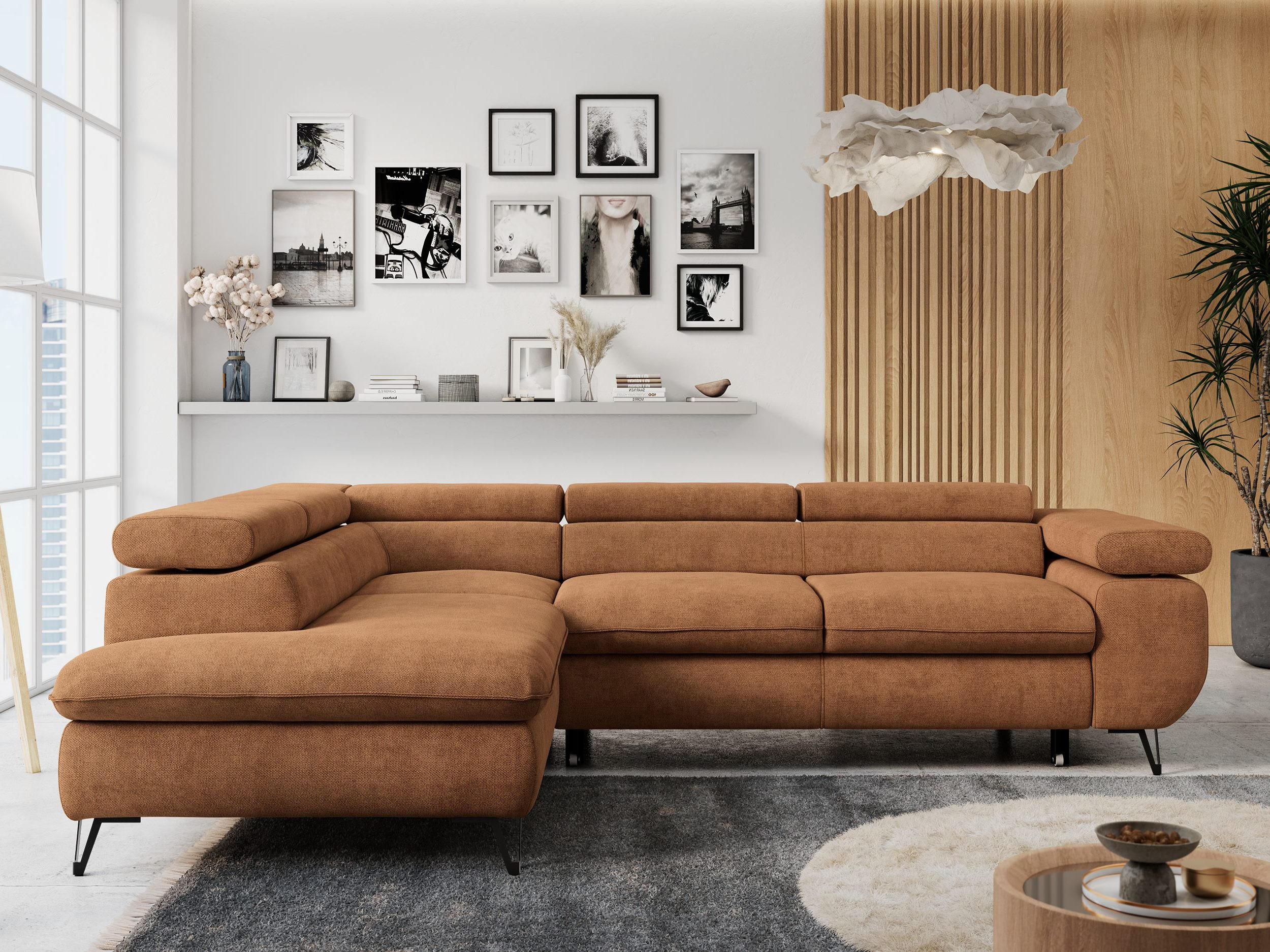 ECKSOFA PETER L Orange Struktur - Links Seite - Schwarz/Orange, Textil/Metall (208/273cm) - MKS