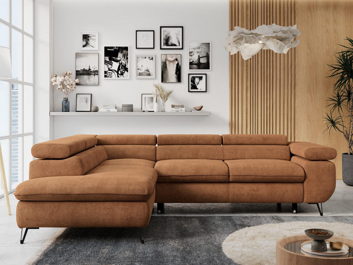 ECKSOFA PETER L Orange Struktur - Links Seite - Schwarz/Orange, Textil/Metall (208/273cm) - MKS
