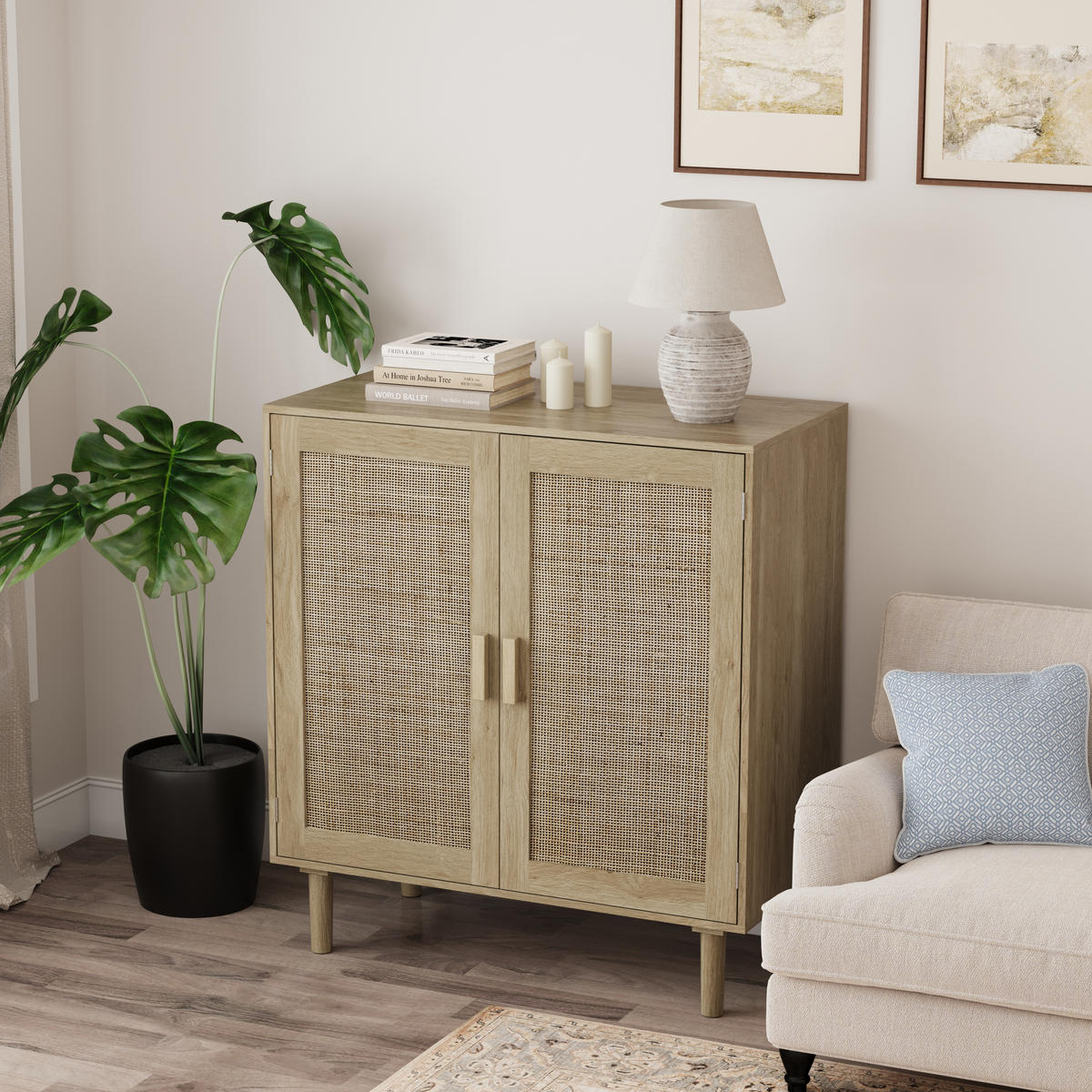 SIDEBOARD in Naturfarben mit zwei Rattan-Türen für Wohnzimmer, Esszimmer und Diele, B80/T40/H88 cm - Schwarz/Naturfarben, Holzwerkstoff (80/88/40cm) - STILVORA