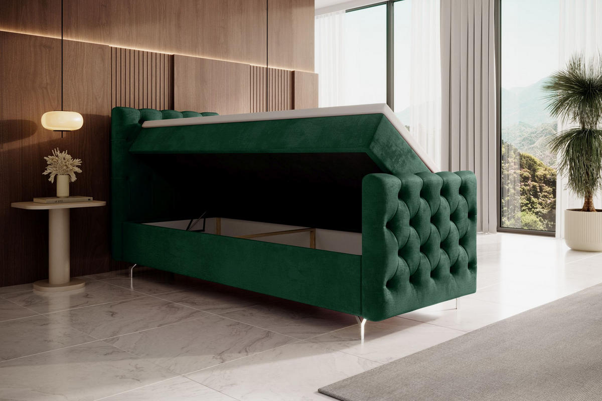 BOXBETT CHESTER PLUS mit Matratze H3, Bonell und Topper 80x200 Monolith 37 Links - Dunkelgrün, Textil (80/200cm) - Bedante