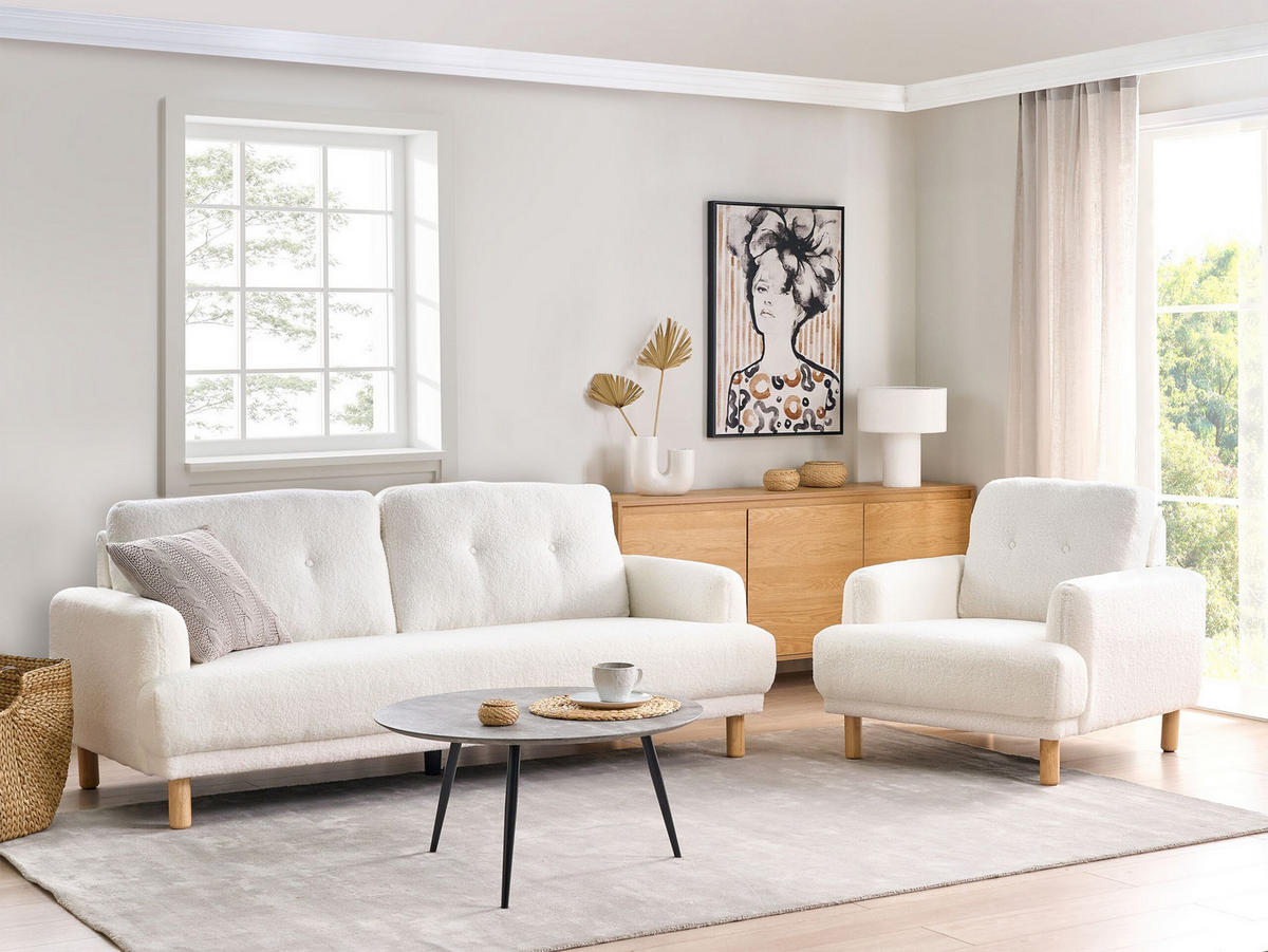 3-SITZER-SOFA Bouclé Weiß Tuve - Hellbraun/Weiß, Textil (199/85/90cm) - Beliani