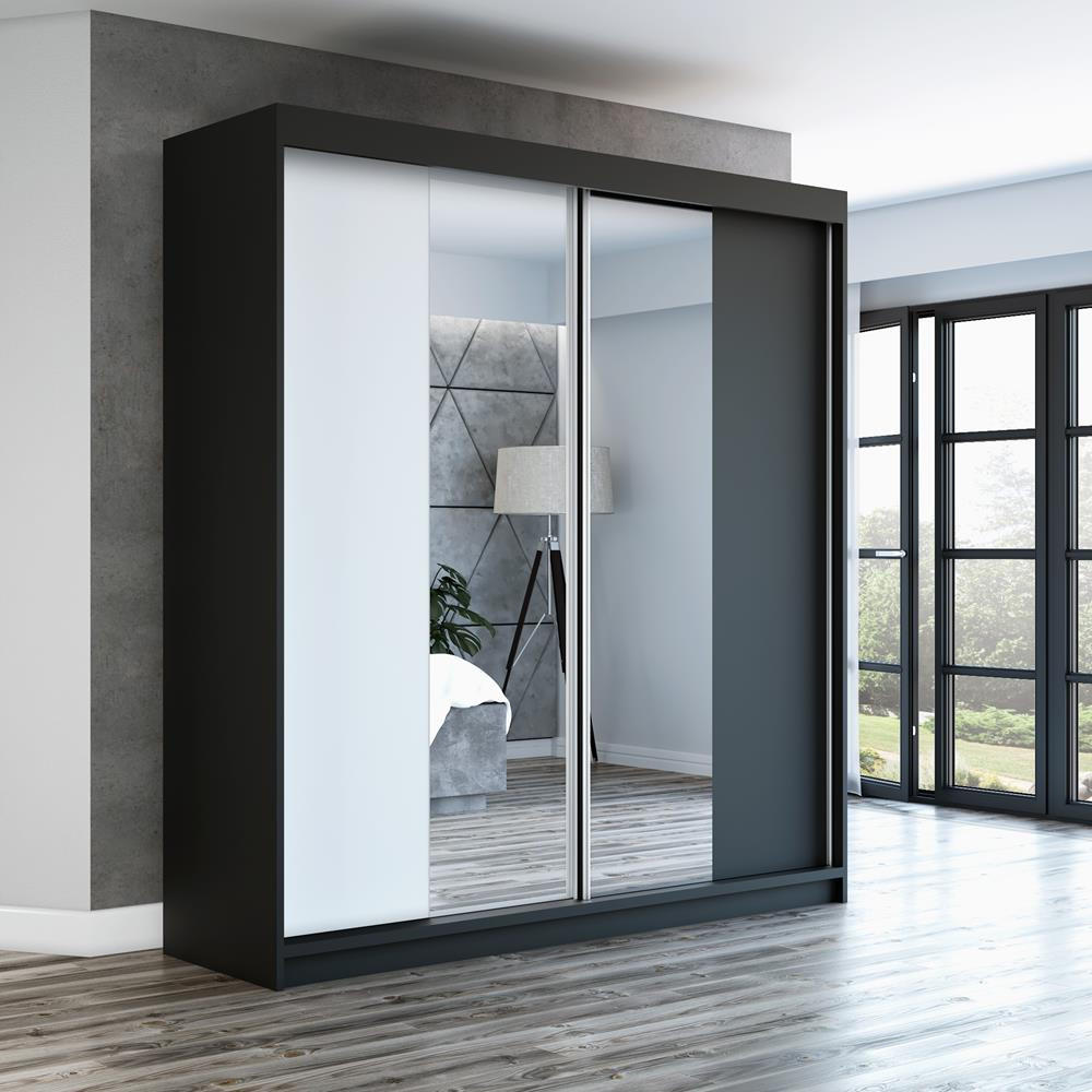 SCHWEBETÜRENSCHRANK 180 CM NEO Farbe: Schwarz / weiß / schwarz - Schwarz/Weiß, Holzwerkstoff (180/215/59.5cm) - A&J MöbelLand
