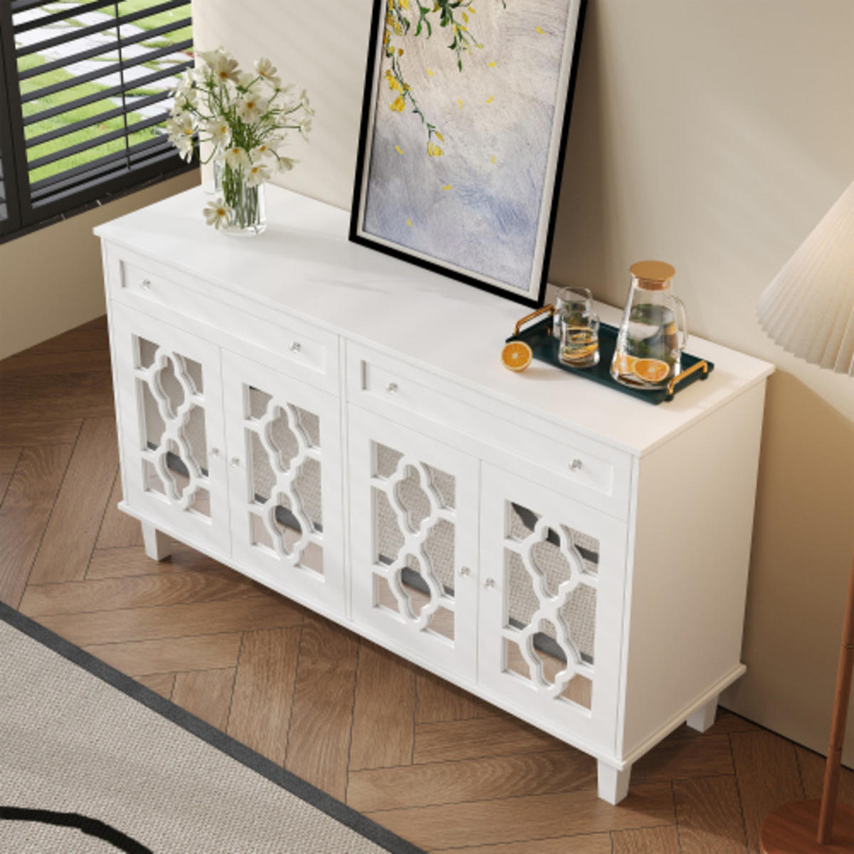 SIDEBOARD Weiß aus MDF mit Spiegeltüren und kristallförmigen Griffen 140×40×83 cm - Weiß, Holzwerkstoff (140/83/40cm) - Luhomfu