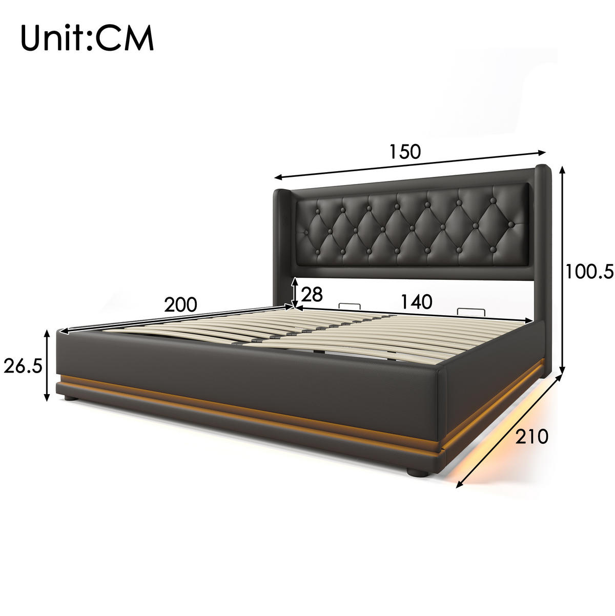 POLSTERBETT mit Bettkasten 140x200 cm PU Schwarz mit USB und LED - Schwarz, Metall (140/200cm) - Meubliv