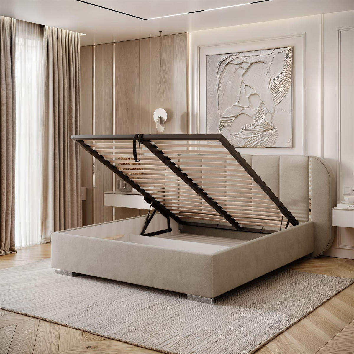 BETT AMARA SILVER 160x200 gepolstert mit Stauraum und Lattenrost, Royal Velvet 180 - Taupe, Textil - Lookway