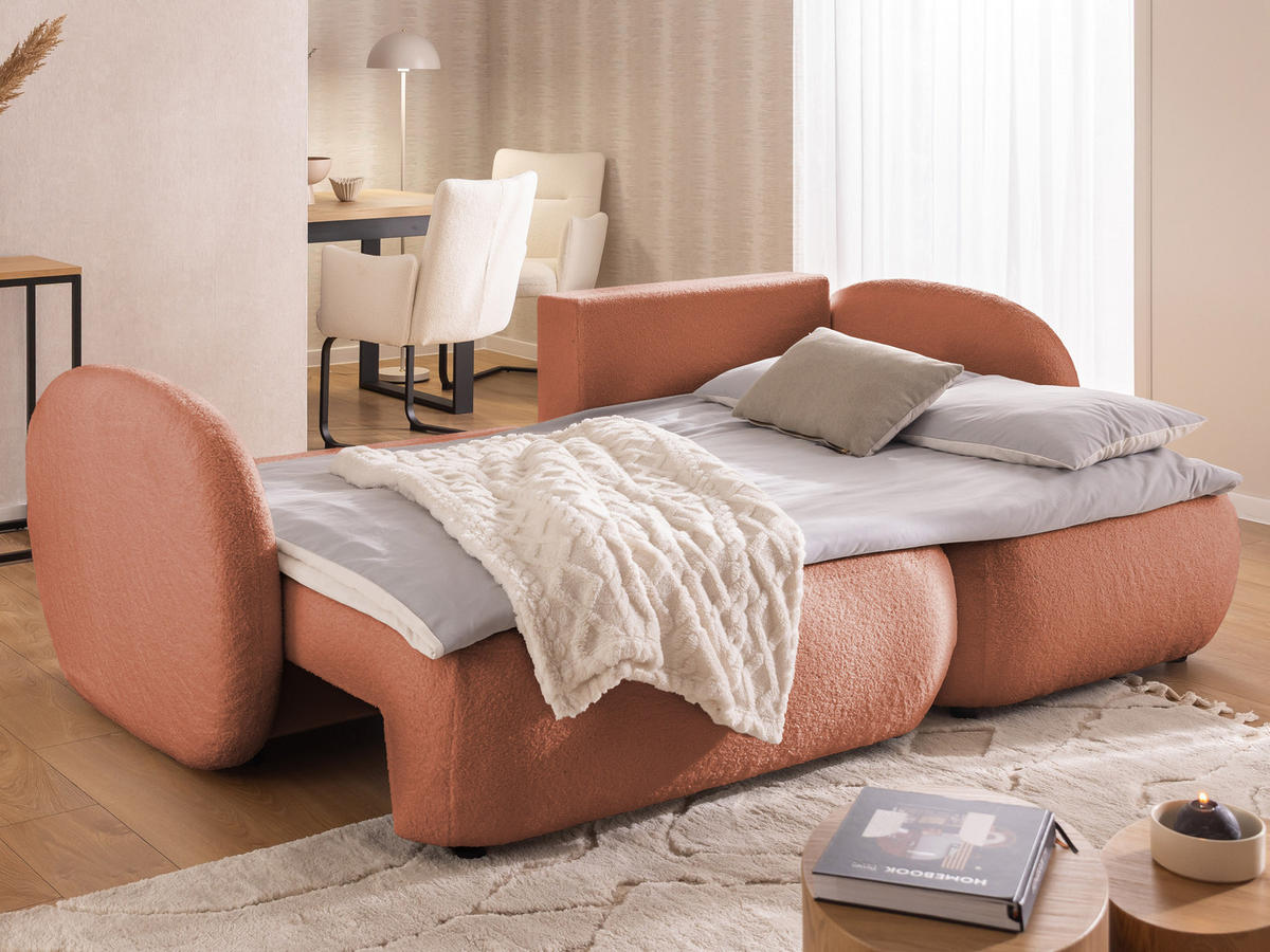 ECKSOFA Candy mit Schlaffunktion Terrakotta Bouclé-Stoff - Ottomane rechts - Terra cotta/Schwarz, Holz/Kunststoff (146/230cm) - S-Style Möbel