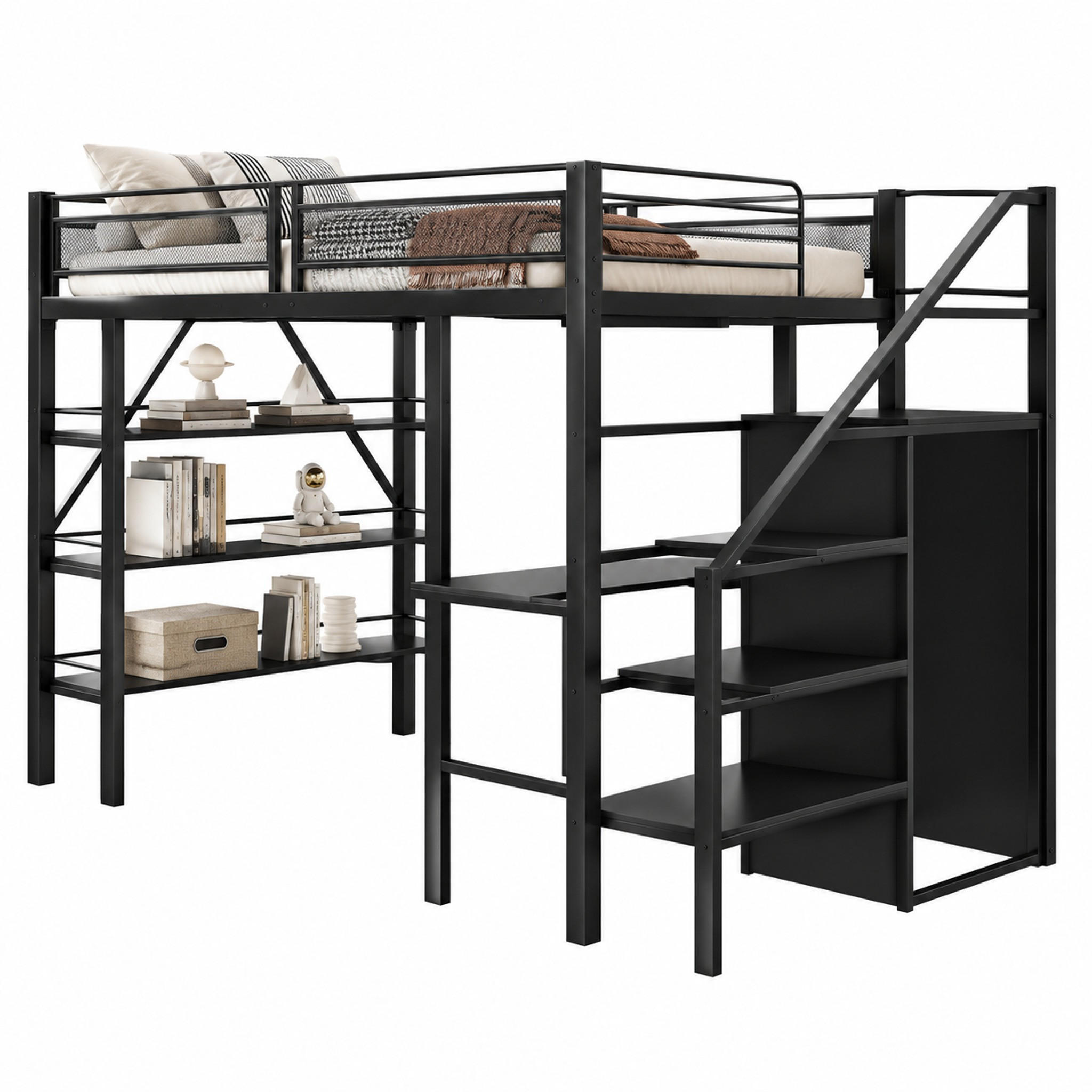 HOCHBETT mit Schreibtisch und Kleiderschrank 140x200 cm Metall Schwarz - Schwarz, Metall (140/200cm) - Meubliv