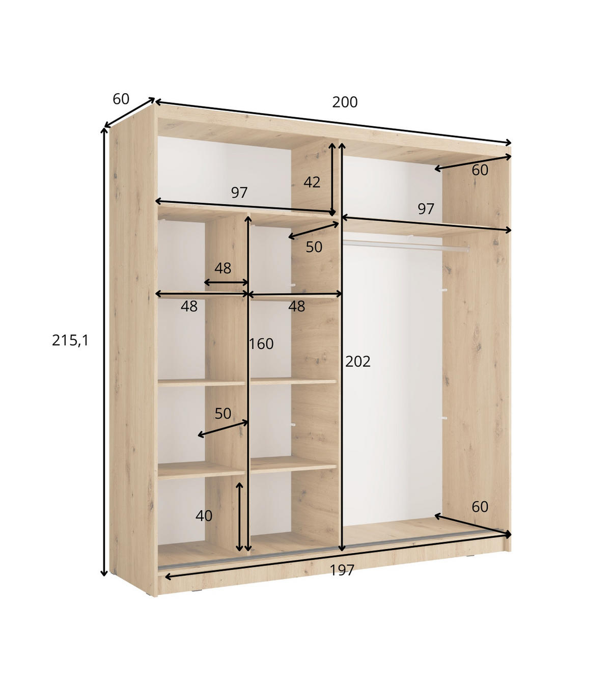 KLEIDERSCHRANK Weiß 205/215/62 - Weiß, Holzwerkstoff (205/215/62cm) - RAUMHIRSCH FURNITURE