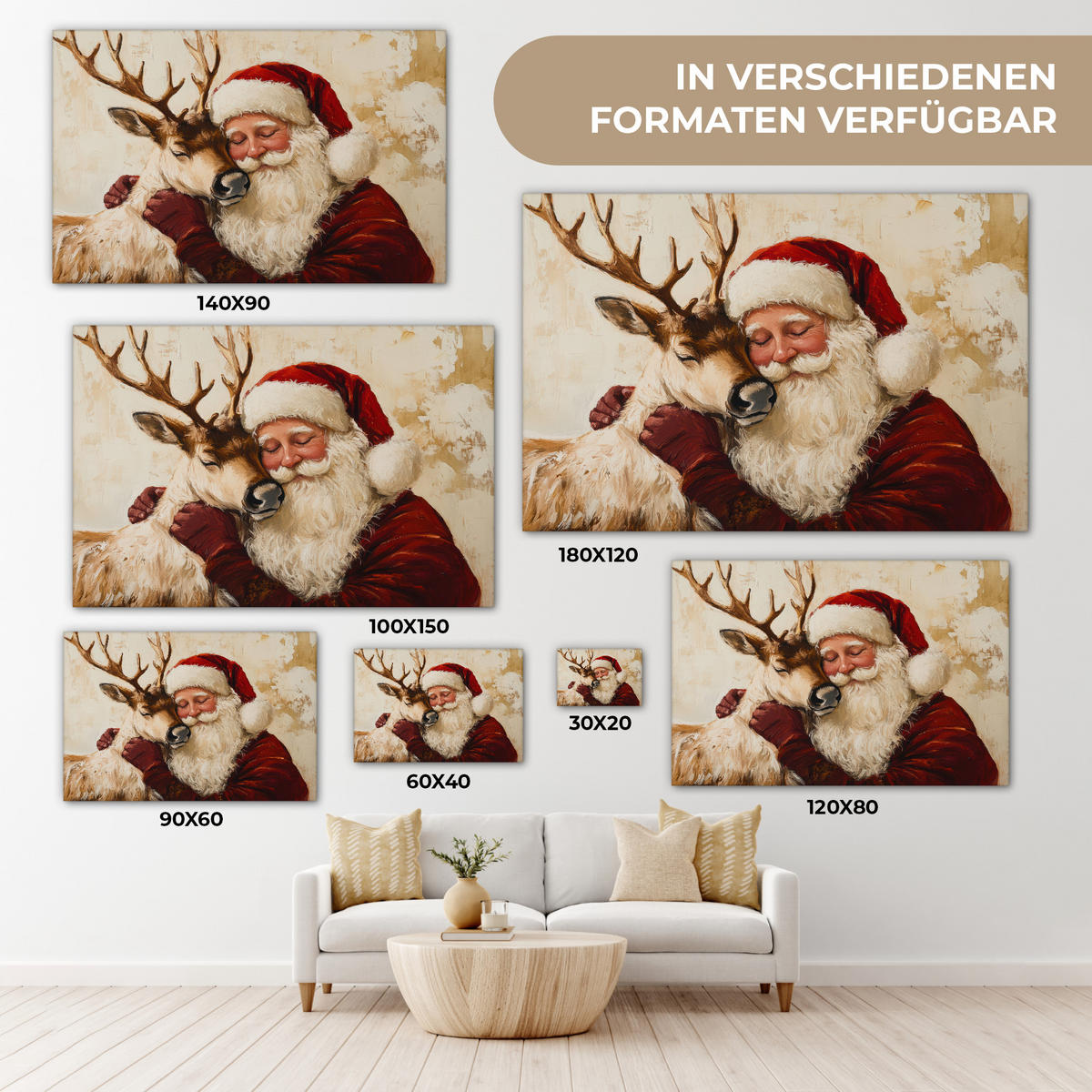 LEINWANDBILD Weihnachtsmann - Rentier - Weihnachten Groß 140x90 cm - Rotbraun, Textil (140/90cm) - MuchoWow