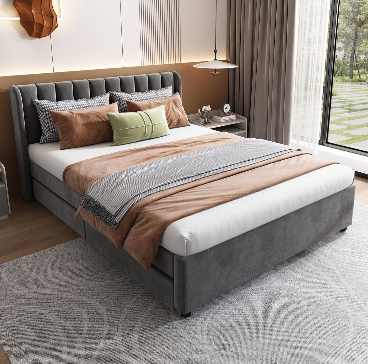 ČALÚNENÁ posteľ 140/200 cm z velvetu s lamelovým roštom, 2 zásuvkami a vysokým čelom, Sivá - sivá, textil (140/200cm) - Redom