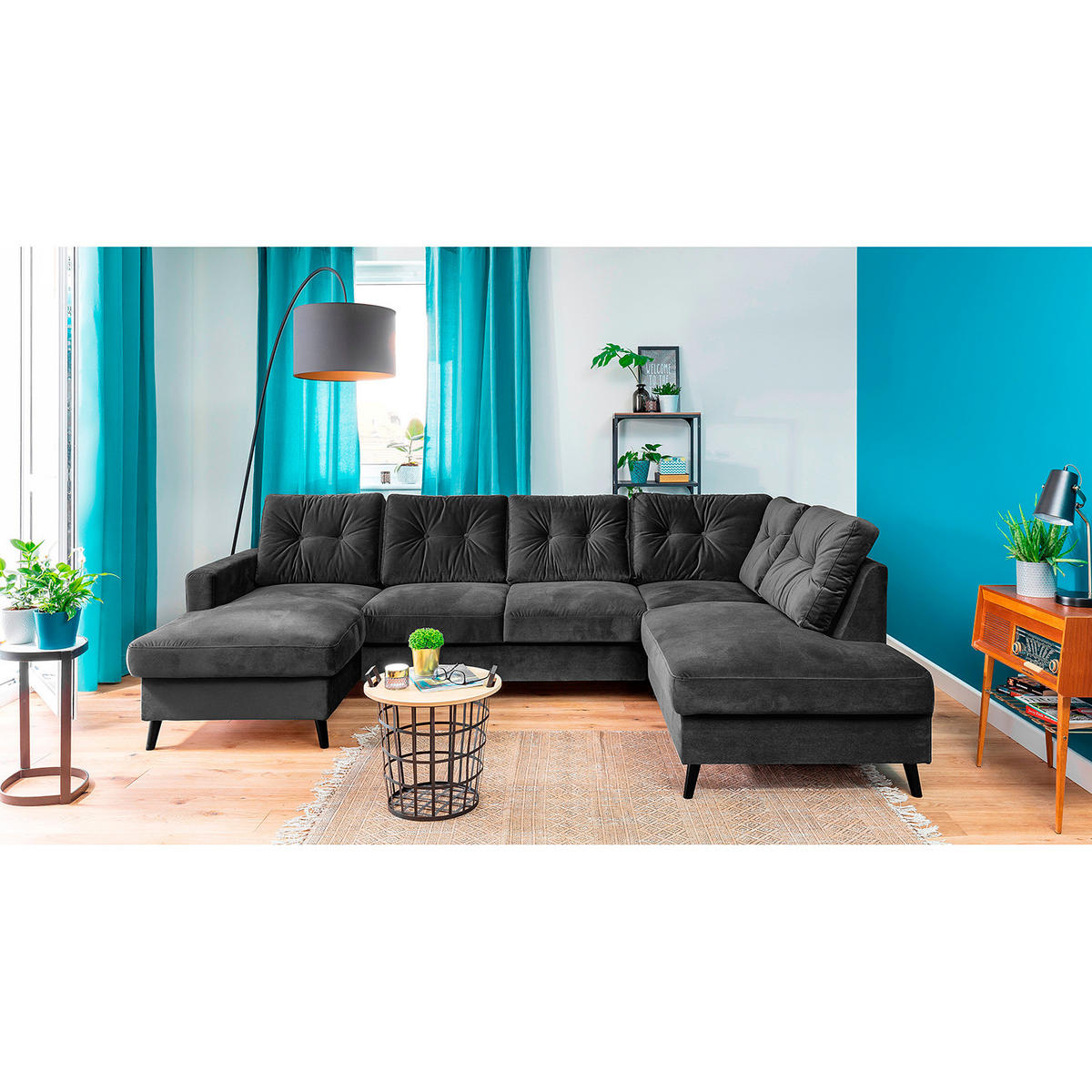 WOHNLANDSCHAFT mit Longchair - Dunkelgrau/Schwarz, Buchenholz/Textil (297/90/200cm) - home24