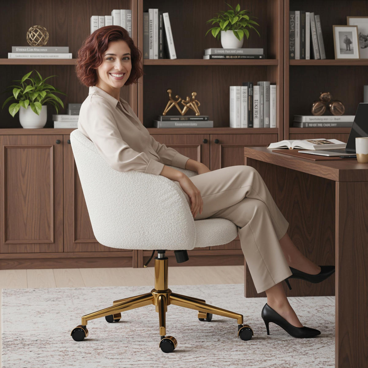 DREHSTUHL DE-11836 mit Teddy-Stoff & höhenverstellbar Creme - Creme, Metall (58.5/86/60cm) - ComfortXL