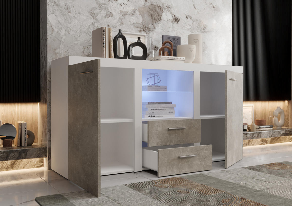 KOMMODE London LRK mit 2 Türen, Sideboard in Farbe: Weiß|Grau, Größe: 156 x 82 x 40 cm - Weiß/Grau, Holzwerkstoff (156/82/40cm) - O-Sofa