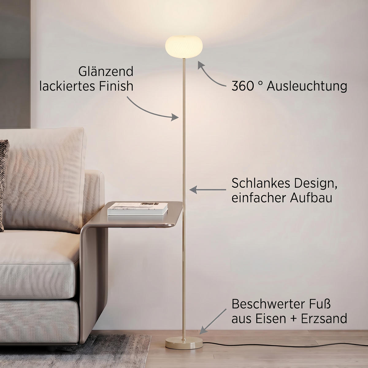 LED-DESIGN-STEHLEUCHTE stufenlos dimmbar Trittschalter 3000K 140cm hoch Metall Wolke Beige - Beige, Metall (15/15/140cm) - Elblight.de