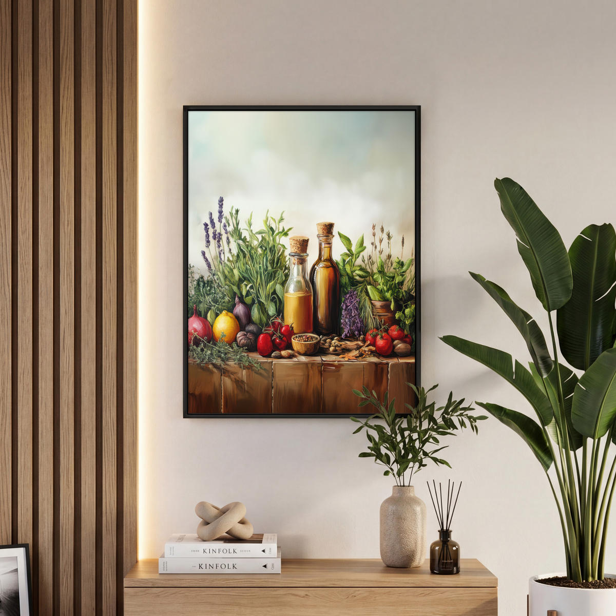 LEINWAND Bilder mit Rahmen - Stilleben - Kräuter - Gewürze - Früchte - Farbenfroh - 50x70 - Grün, Textil (50/70cm) - MuchoWow