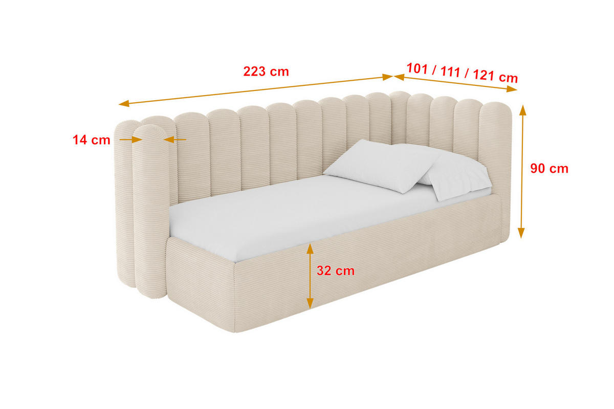 EINZELLBETT Jugendbett mit Bettkasten und Matratze H3/H4, Links - HUGY 100x200 Beige - Creme, Holzwerkstoff/Textil (100/200cm) - ALTDECOR