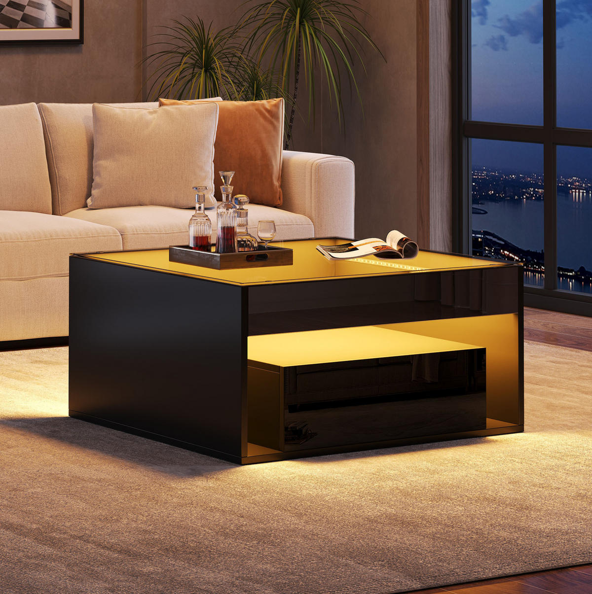 KLUBSKI stolić 70/70/35 cm crni od MDF-a i kaljenog stakla s LED rasvjetom i 2 ladice - crna, drvni materijal (70/70/35cm) - OKWISH