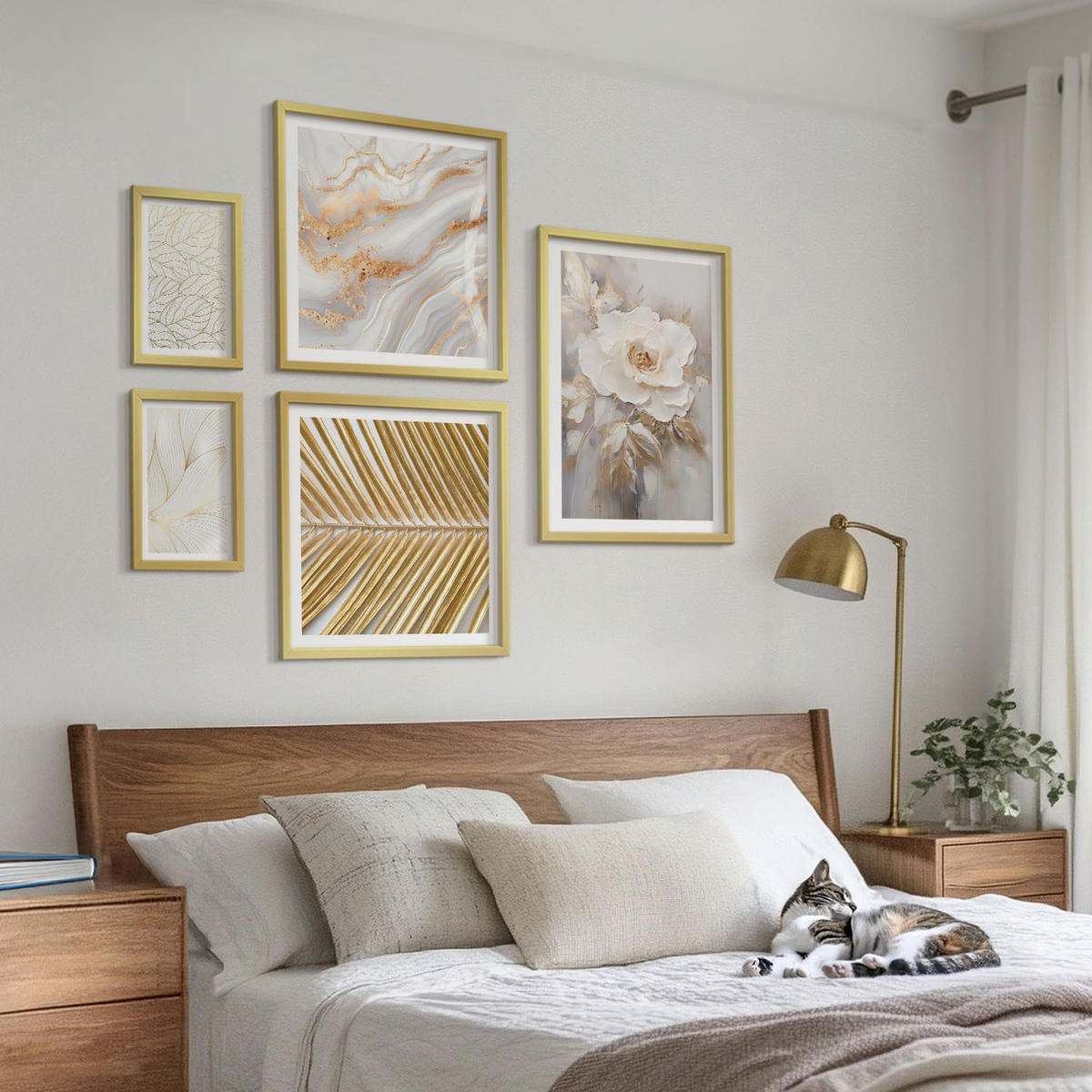 BILDER SET 5er Set - 50x50 cm & 20x30 cm & 40x60 cm Goldrahmen - Abstrakte Katzenmalereien - Goldfarben, Kunststoff (40/60cm) - TULUP