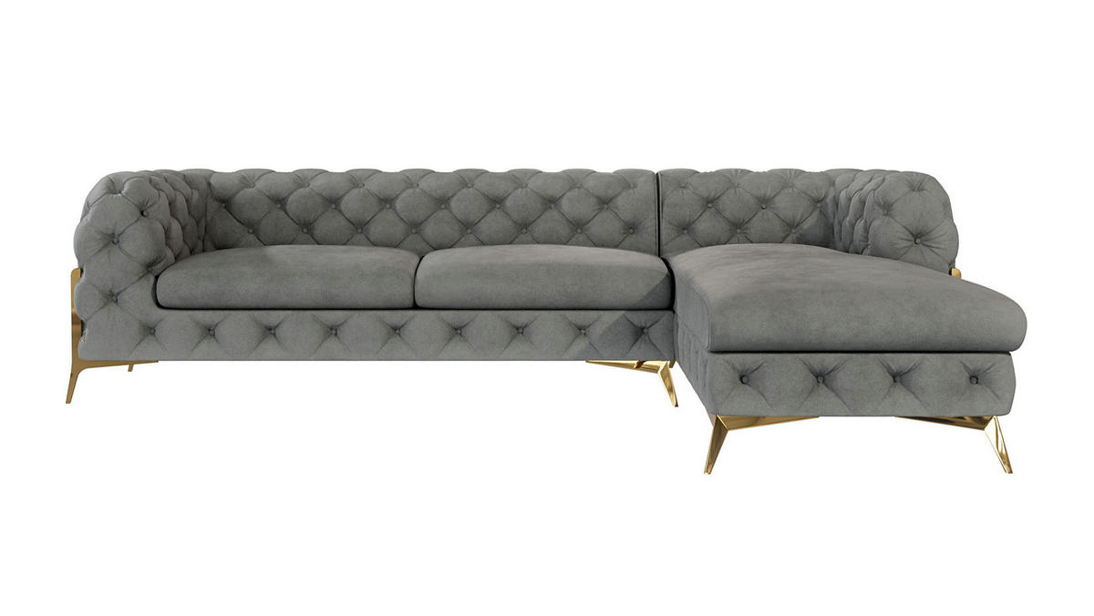 ECKSOFA Chesterfield Lexi Grau Samt, Ottomane rechts - Goldfarben/Grau, Holz/Textil (305/200cm) - S-Style Möbel