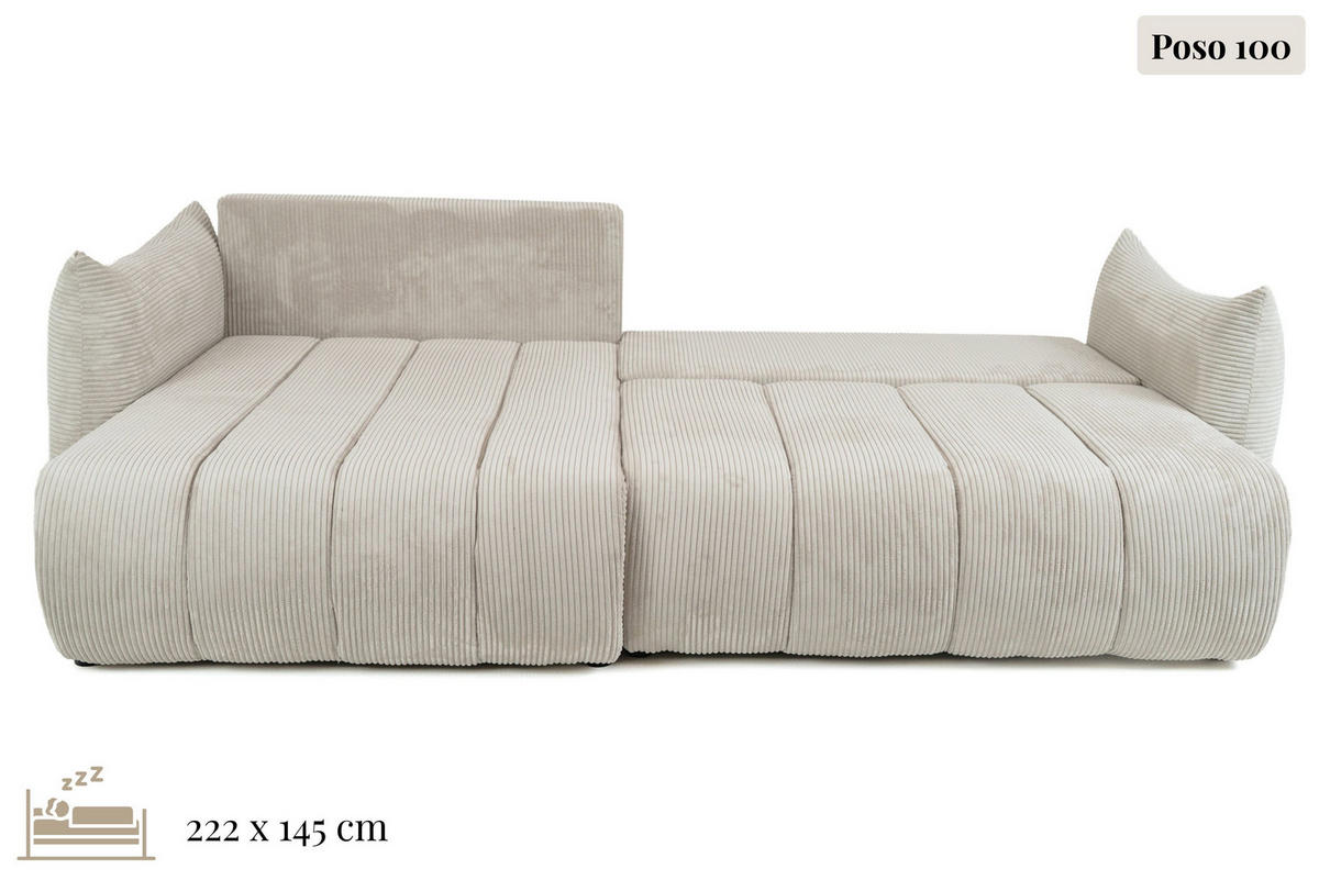 ECKSOFA Liv mit Schlaffunktion & Bettkasten in Cordstoff Hellgrau, Universell 260/154/86 cm - Hellgrau/Schwarz, Kunststoff/Textil (260/154cm) - WFL GROUP