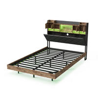 BETT 140x200 cm aus Massivholz, Schwebendes Design, Kopfteil mit Ablageregal und verstecktem Stauraum, LED-Beleuchtung, Lattenrost, - Natur - Naturfarben, Holzwerkstoff (140/200cm) - Brevoria