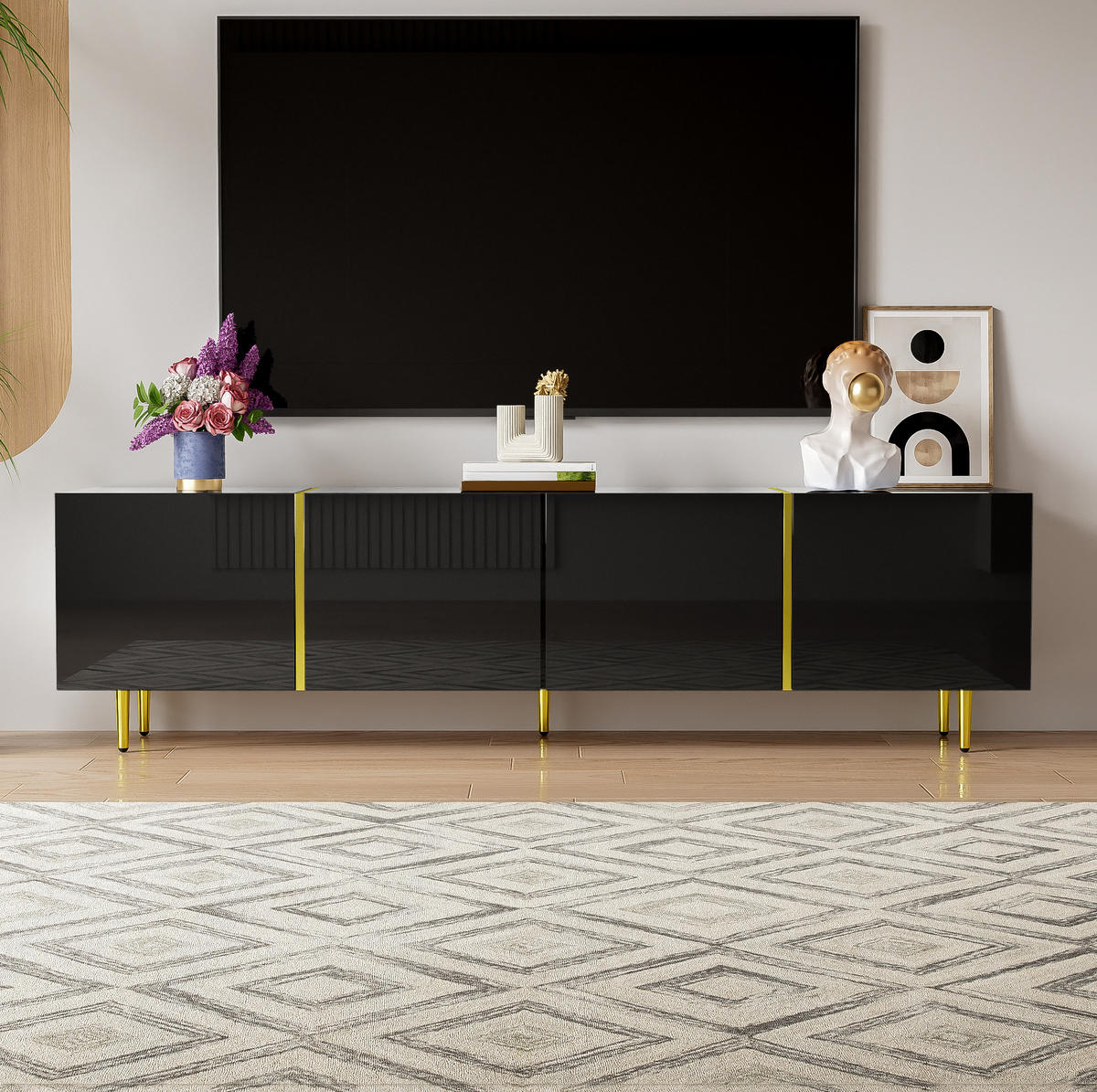 TV-LOWBOARD aus MDF 170x35x46 cm Schwarz Hochglanz mit 4 Türen, Goldakzenten und Soft-Close - Schwarz, Holzwerkstoff (170/46/35cm) - IVMEU
