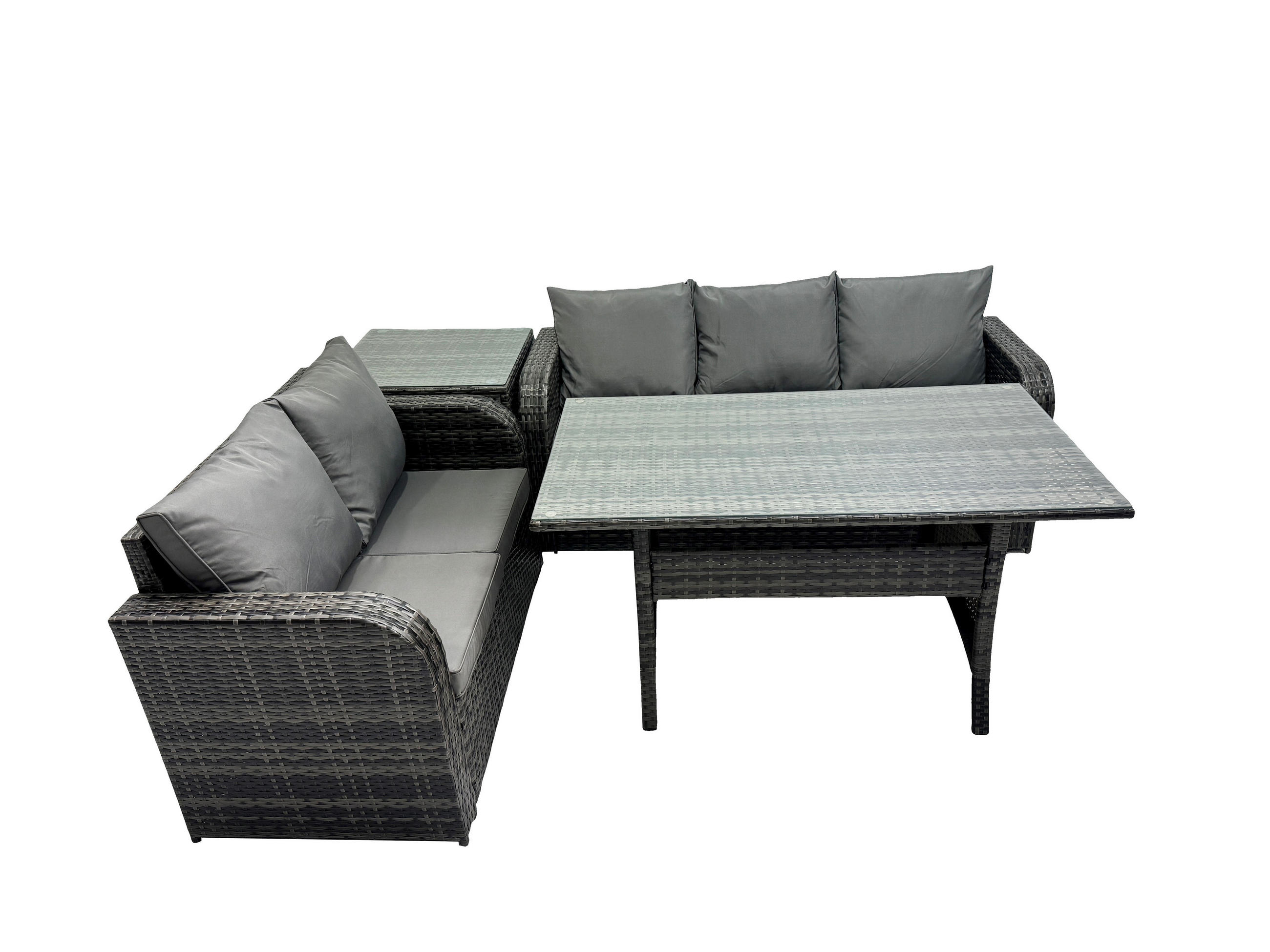 Gartenmöbelset mit Esstisch,Zweisitzer,Beistelltischen Polyrattan Dunkelgrau 5-Sitzer - Dunkelgrau/Grau, Glas/Kunststoff - Fimous