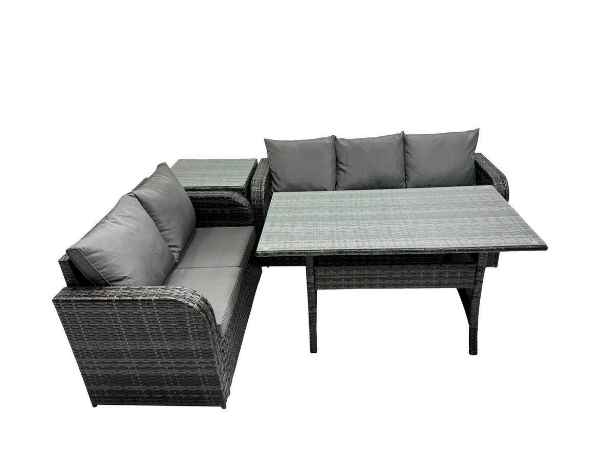 Gartenmöbelset mit Esstisch,Zweisitzer,Beistelltischen Polyrattan Dunkelgrau 5-Sitzer - Dunkelgrau/Grau, Glas/Kunststoff - Fimous