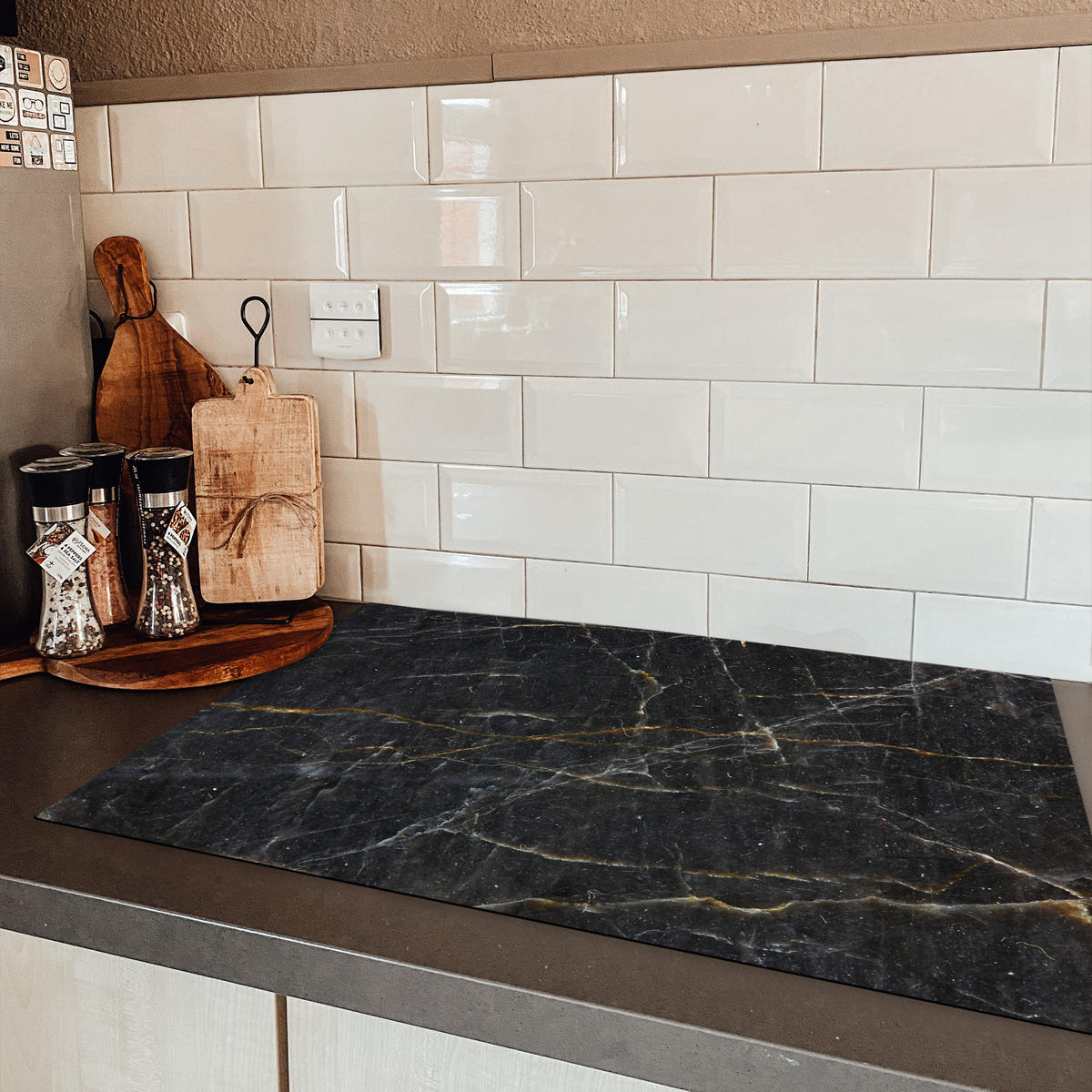 HERDABDECKPLATTE Marmor - Schwarz - Gold - Grau - Marmorstruktur 81x52 cm - Goldfarben, Kunststoff (81.6/52.7/0.2cm) - MuchoWow