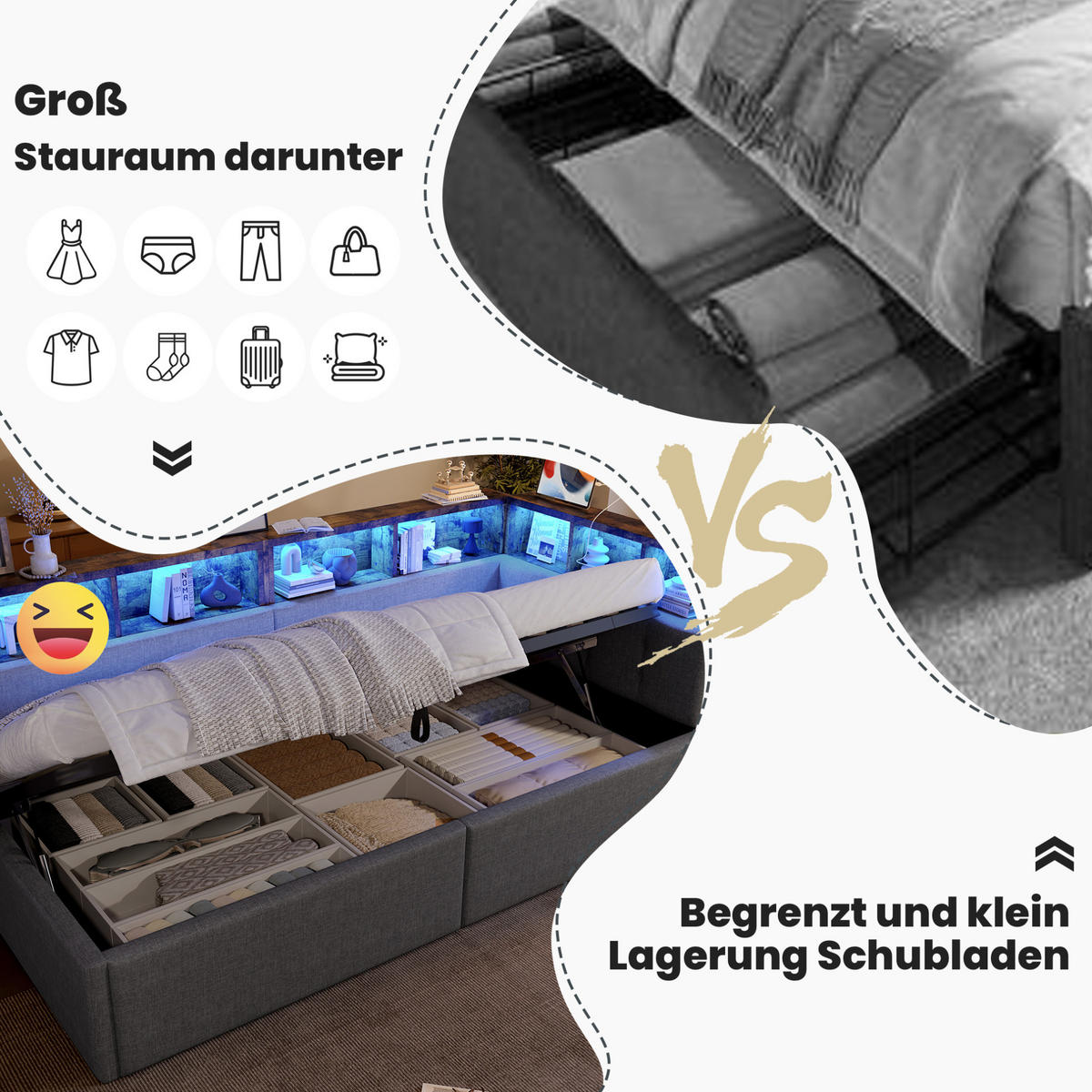 KREVET za jednu osobu 90/200 cm sivi od lana s LED rasvjetom, USB i hidrauličnom pohranom - siva, tekstil (90/200cm) - OKWISH