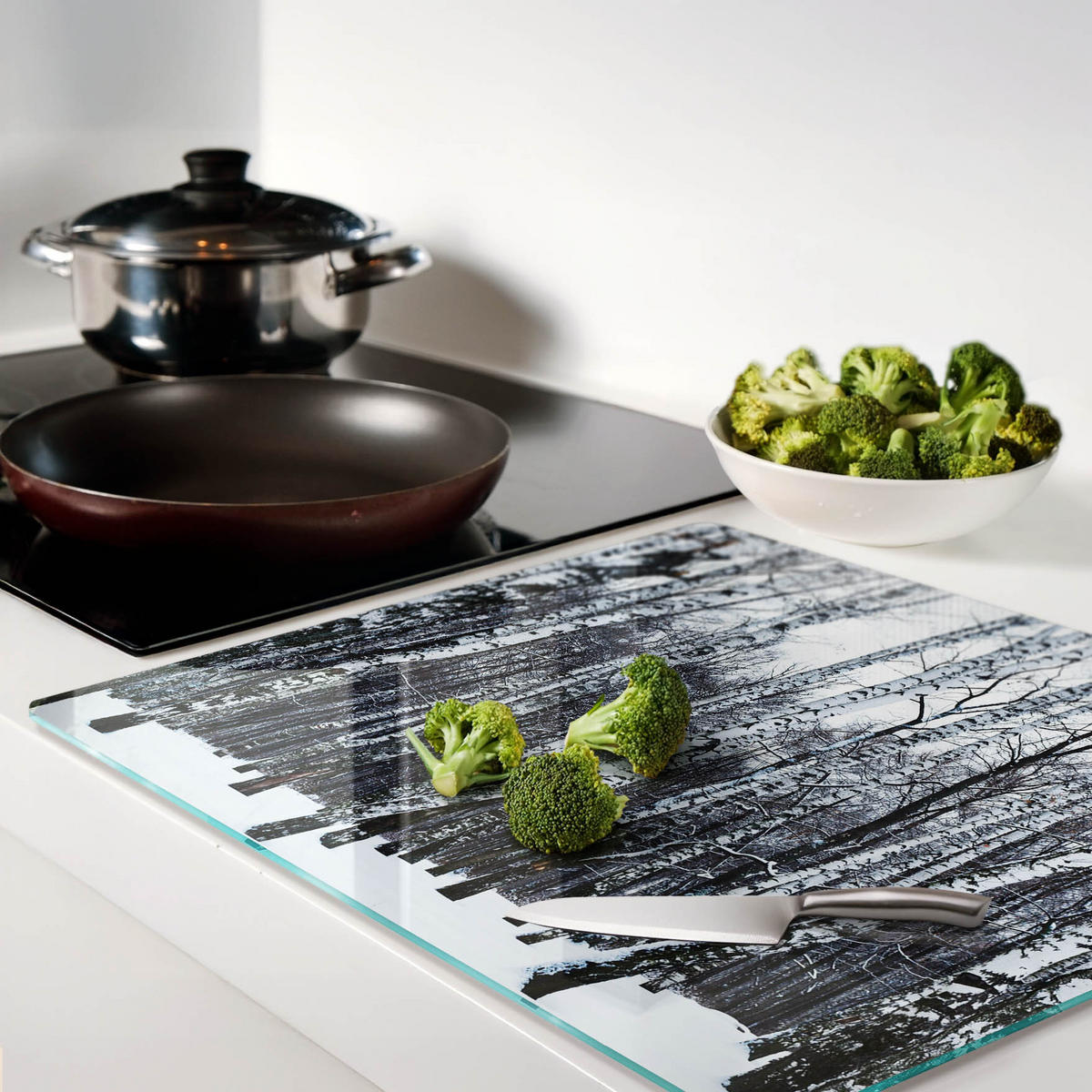 GLASPLATTE 60x52 cm Winterbirken - Weiß, Glas (60/0.4/52cm) - TULUP