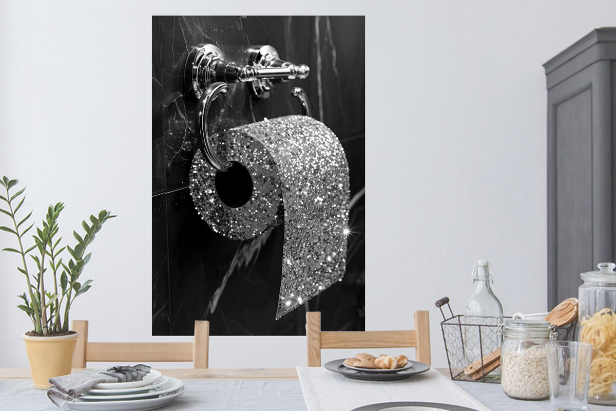 WANDTATTOO WC - Toilettenpapier - Schwarz und weiß - Glitter 80x120 cm - Silberfarben, Kunststoff (80/120/0.1cm) - MuchoWow