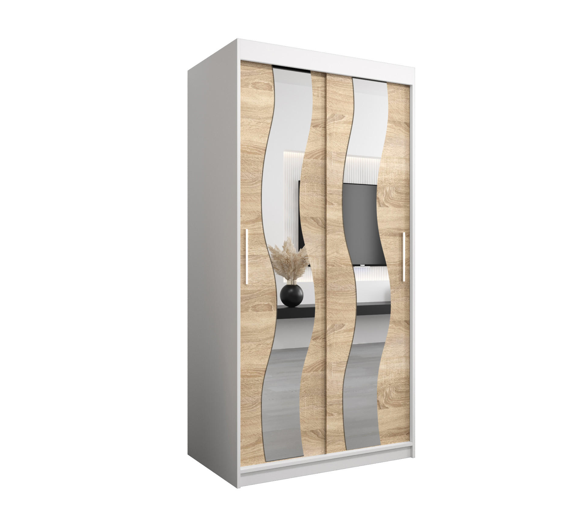 Abiks Möbel Schwebetürenschrank Weiß, Sonoma Eiche 100x200x62 cm