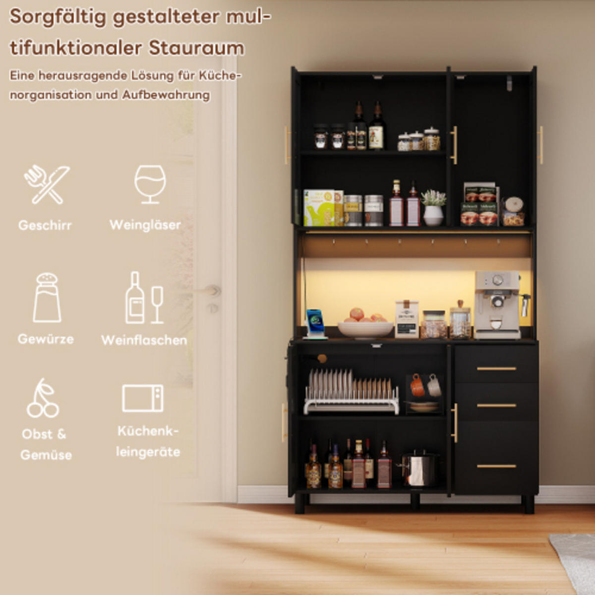 KÜCHENSCHRANK Schwarz aus MDF mit Rattanfront, LED-Beleuchtung und integrierten Steckdosen 100×40×183 cm - Schwarz, Holzwerkstoff (100/183/40cm) - Luhomfu