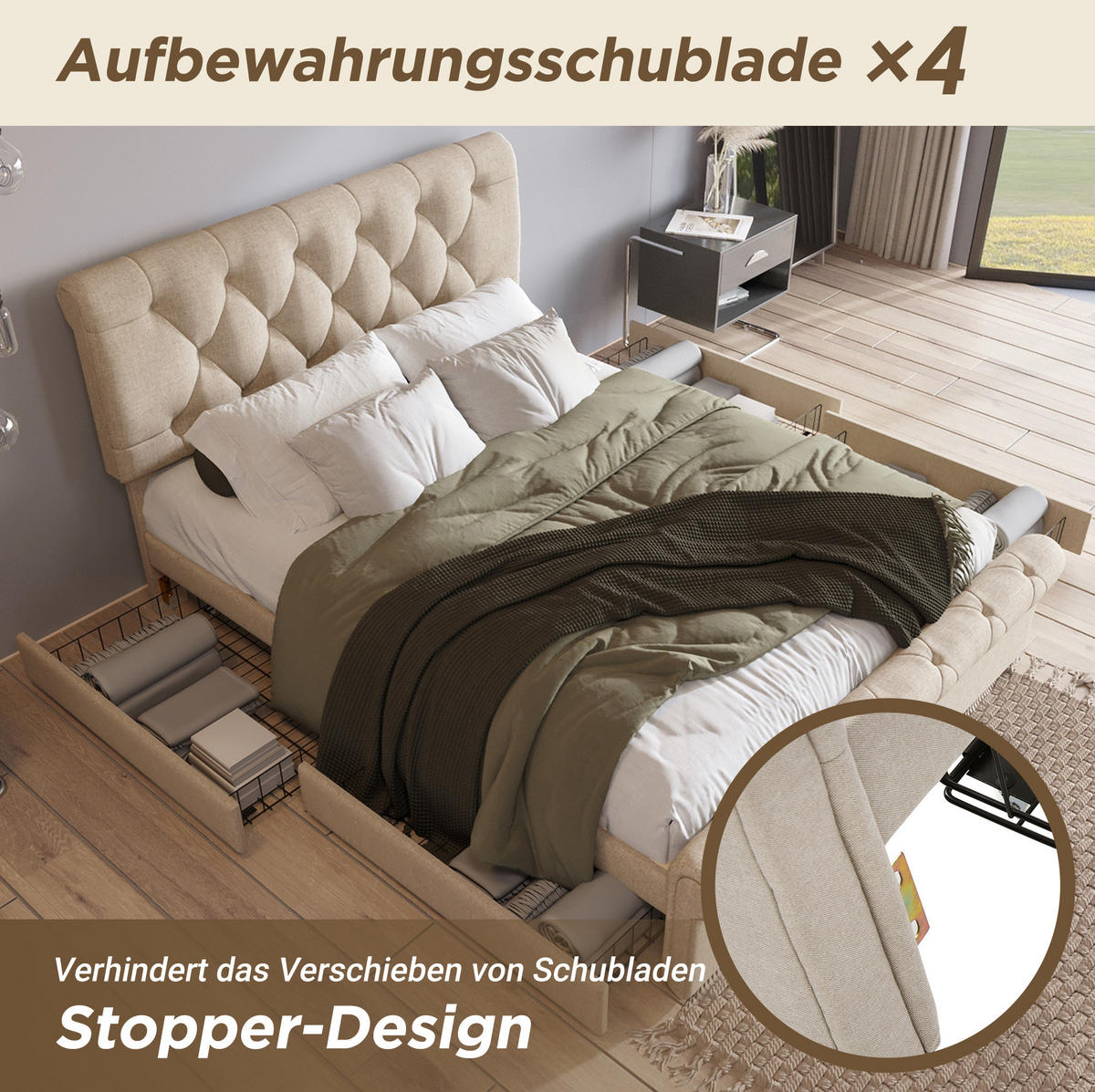 POLSTERBETT 140/200 cm mit 4 Schubladen & höhenverstellbarem Kopfteil, Chesterfield, Natur - Naturfarben, Metall (140/200cm) - Redom