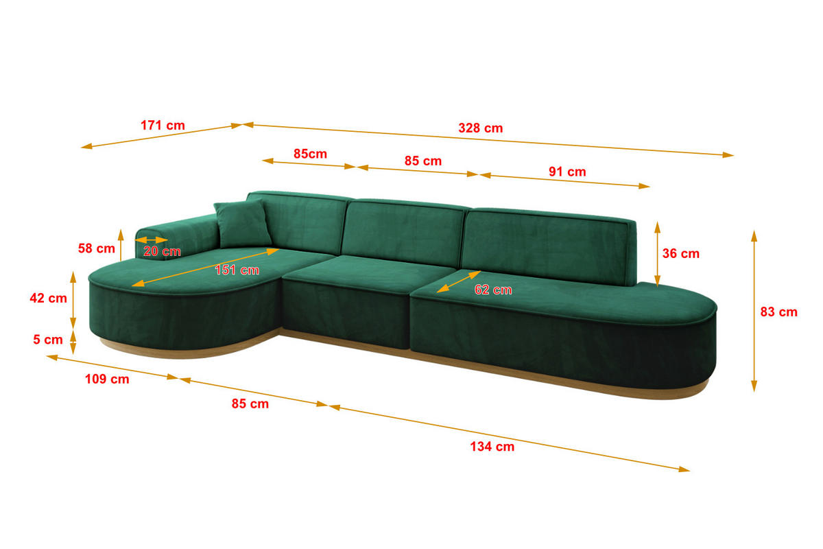 ECKSOFA Ottomane Links MARI-L2-v2 - 328x171x83 cm Grün Velours - Grün, Holzwerkstoff/Textil (328/171cm) - ALTDECOR