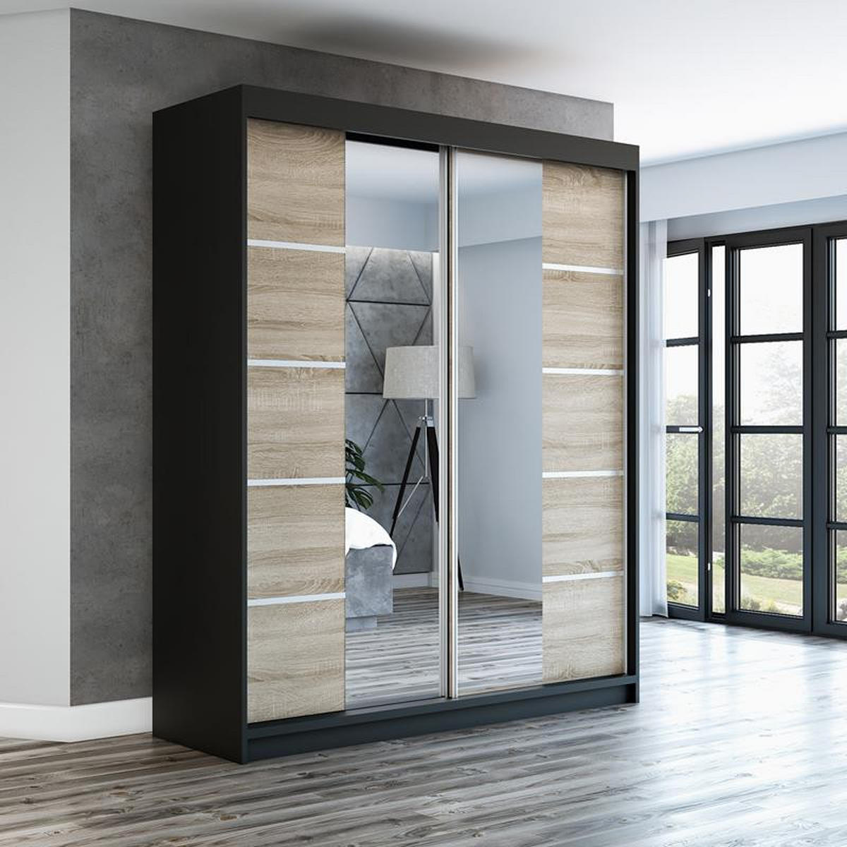 SCHWEBETÜRENSCHRANK 180 CM KRINO Farbe: Schwarz / sonoma / sonoma - Schwarz/Braun, Holzwerkstoff (180/215/59.5cm) - A&J MöbelLand