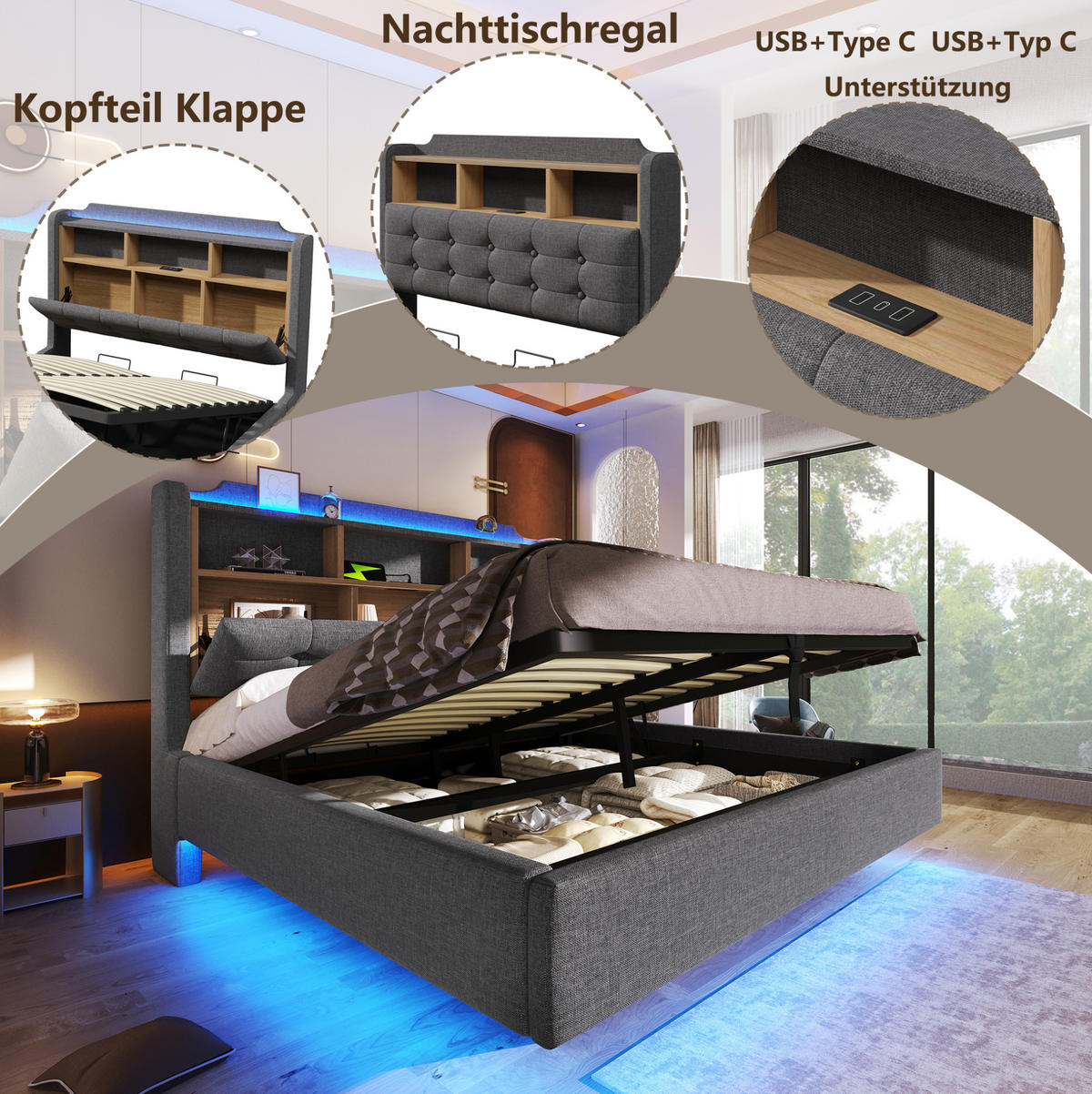POLSTERBETT 140/200 cm aus Leinen mit LED-Lichtleiste und hydraulischem Stauraum Grau - Grau, Textil (140/200cm) - Modenvie