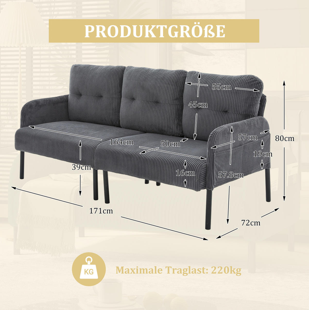 SOFA Dreisitzer mit Seitentasche 171 x 72 x 80 cm Cord Gray - Grau, Textil (171/80/72cm) - IVMEU
