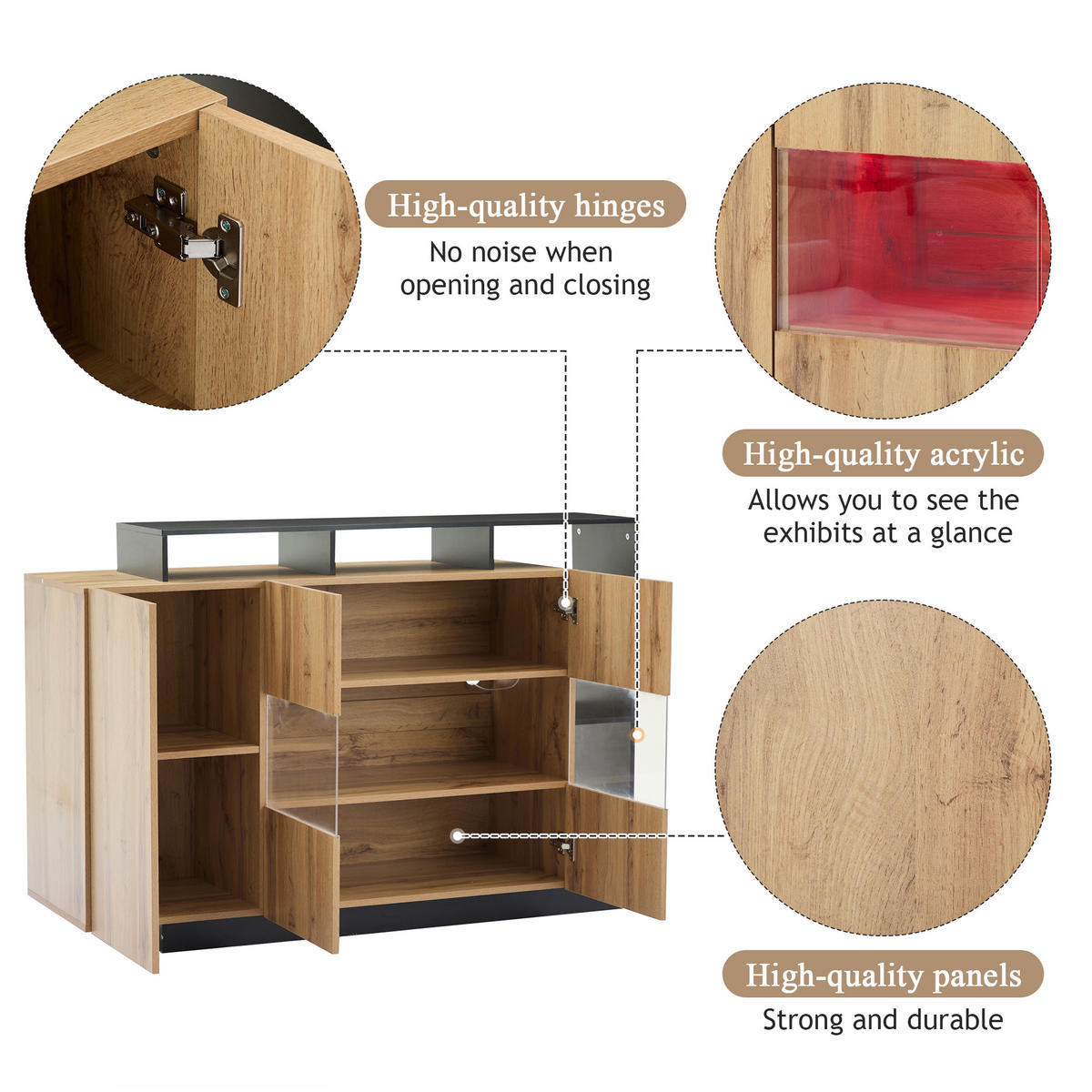 SIDEBOARD mit RGB-LED und Bluetooth, Holzoptik MDF, matte Oberfläche und schwarzem Metallrahmen, 140/44/93,5 cm,Naturfarben - Naturfarben, Holzwerkstoff (140/93.5/44cm) - Redom