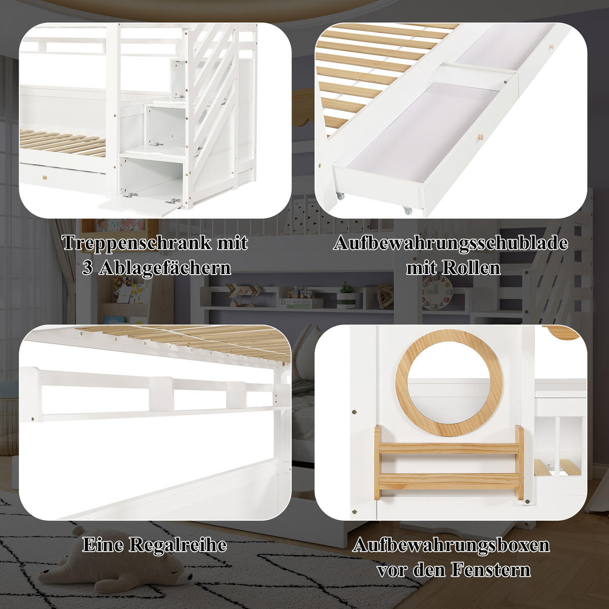 ETAGENBETT 90/200 cm in Weiß & Natur mit 2 Schubladen, Regal und Treppenschrank aus Kiefer & MDF - Weiß/Naturfarben, Holzwerkstoff (90/200cm) - STILVORA