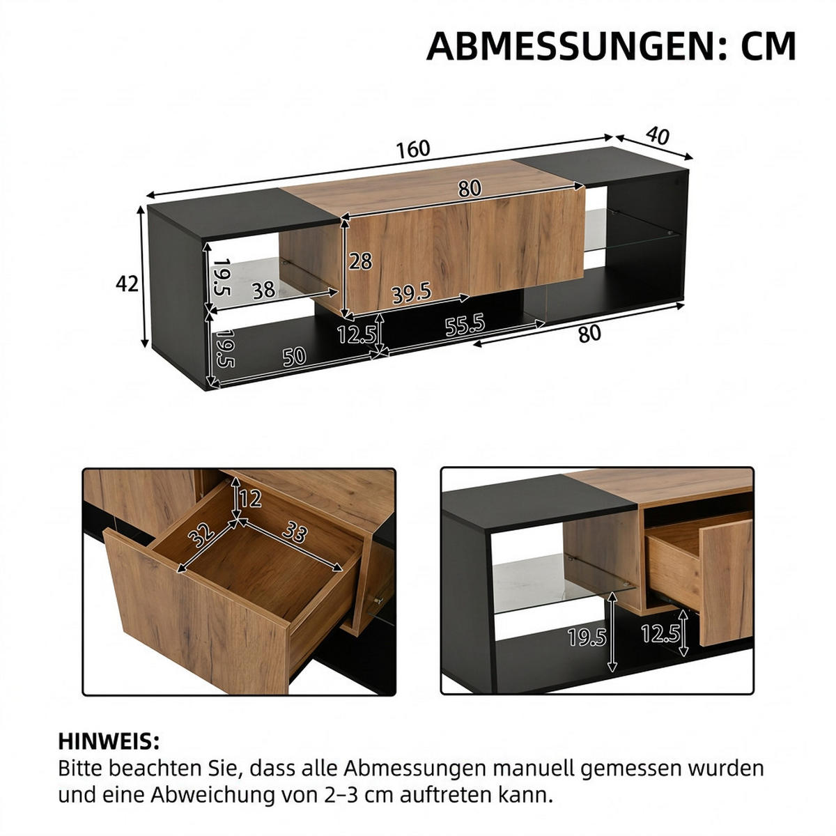 TV-SCHRANK 160/40/42 cm Schwarz mit LED und 2 Schubladen - Schwarz, Holzwerkstoff (160/42/40cm) - Oxeza