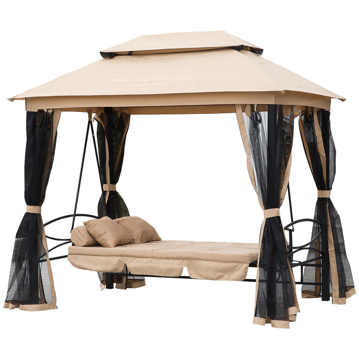 HOLLYWOODSCHAUKEL DE-06995 3-Sitzer, mit Seitenwänden & Moskitonetz, Liegefunktion Beige - Beige/Schwarz, Metall (256/248/172cm) - ComfortXL