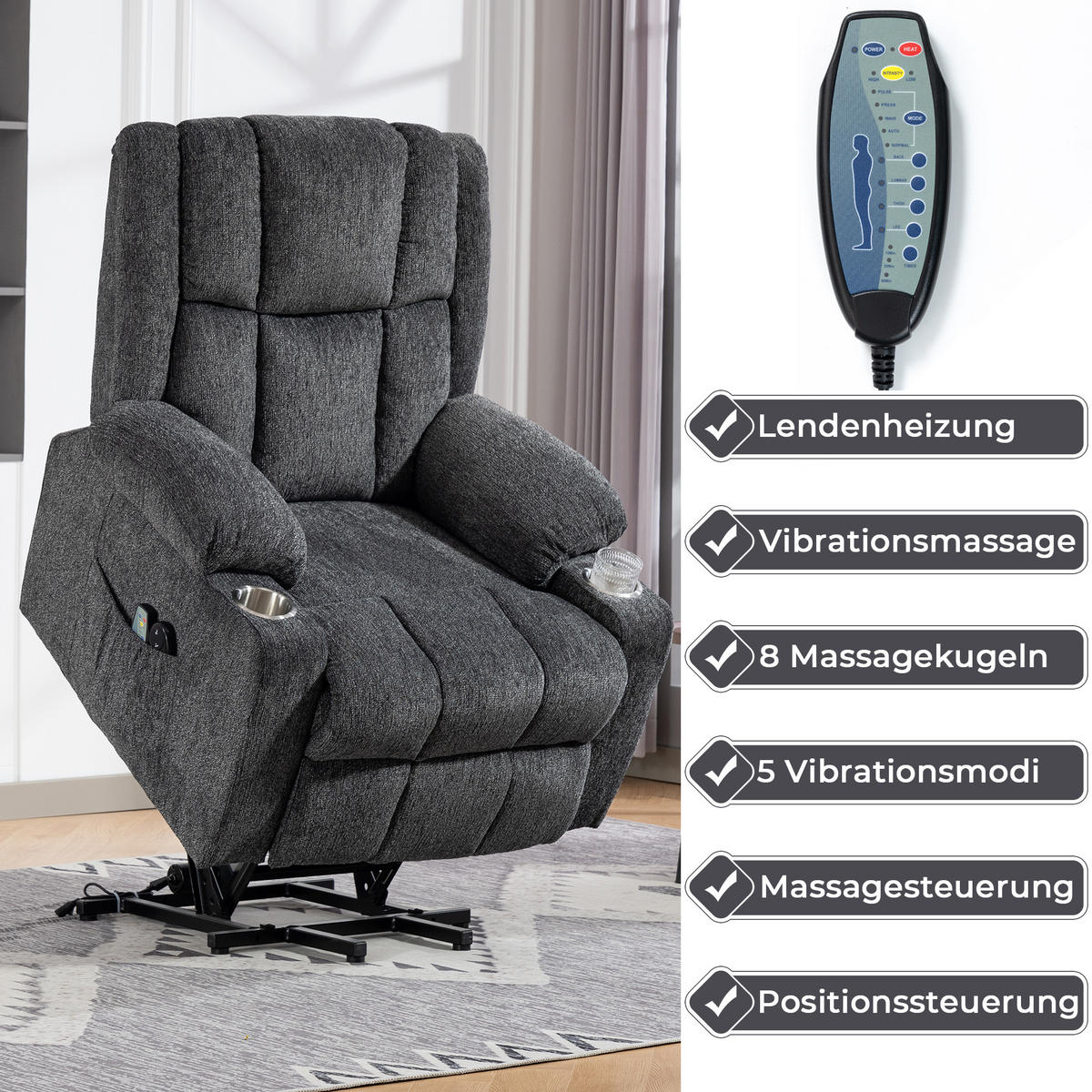 ELEKTRISCHER Relaxsessel Samt mit Aufstehhilfe, Massage, Wärme 91/84/106 cm Dunkelgrau - Dunkelgrau, Textil (84/106/91cm) - Redom