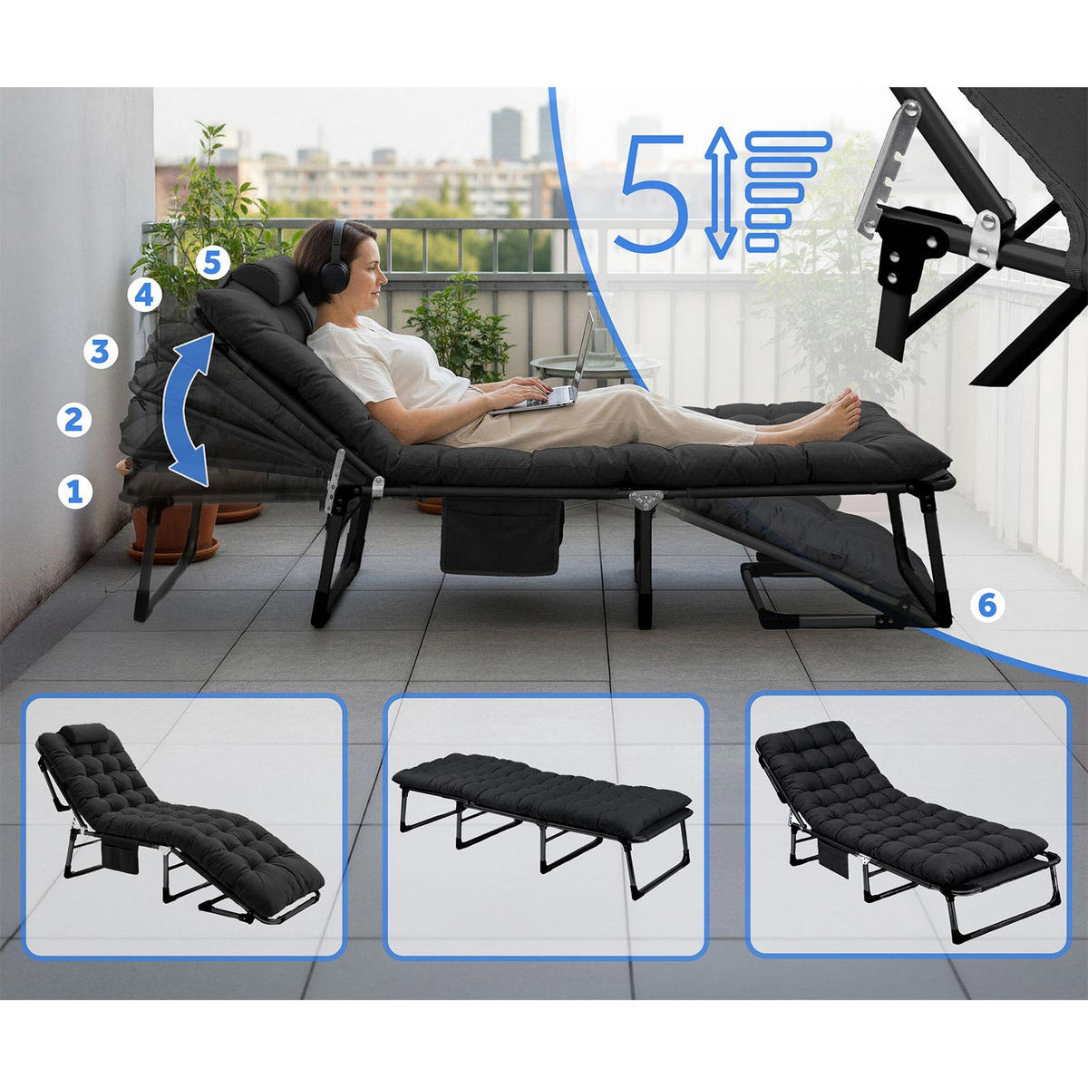 GARTEN-RELAXSESSEL Klappbarer Dream - Schwarz, Metall (67/75.5/193cm)